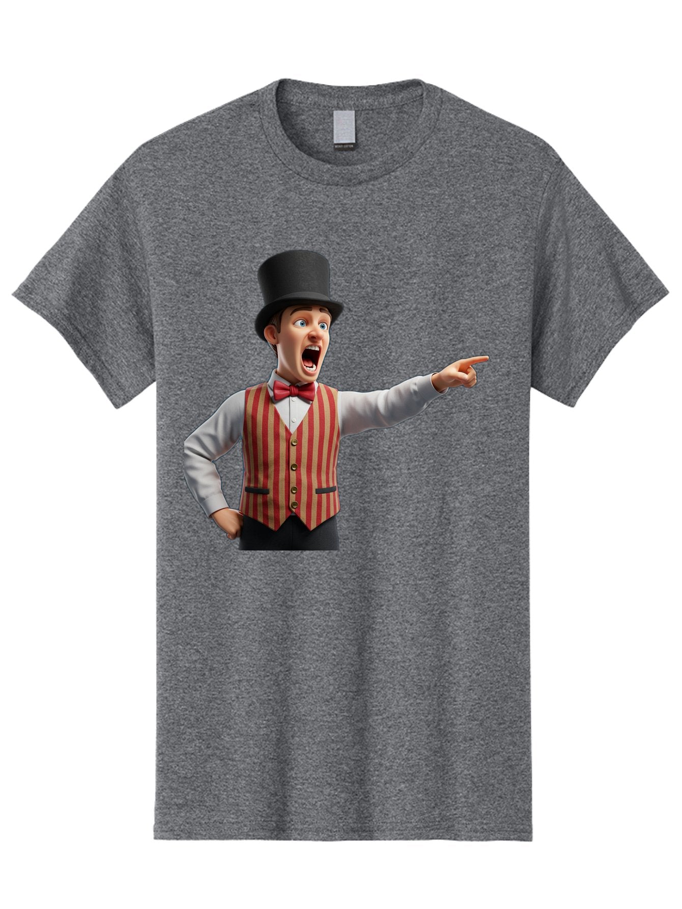 Ringmaster Men'S Graphic Tee, 100% Cotton, Comfortable Casual Summer Wear, Machine Washable, Cartoon Ringmaster, Striped Vest, Top Hat, Bow Tie, Pointing Gesture, Circus Performer, Cartoon Character, Red And White Stripes, Bad491 4