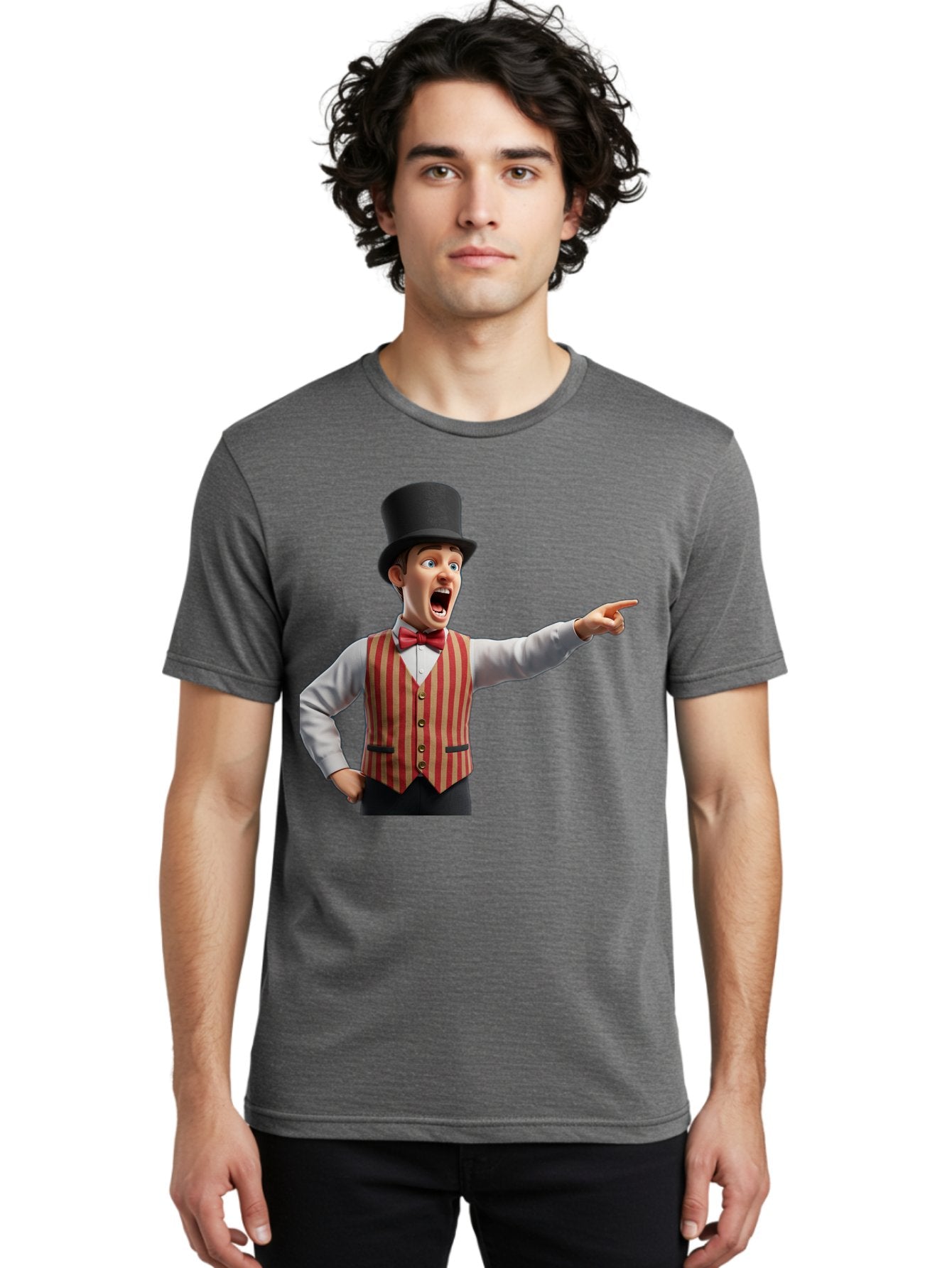 Ringmaster Men'S Graphic Tee, 100% Cotton, Comfortable Casual Summer Wear, Machine Washable, Cartoon Ringmaster, Striped Vest, Top Hat, Bow Tie, Pointing Gesture, Circus Performer, Cartoon Character, Red And White Stripes, Bad491 18