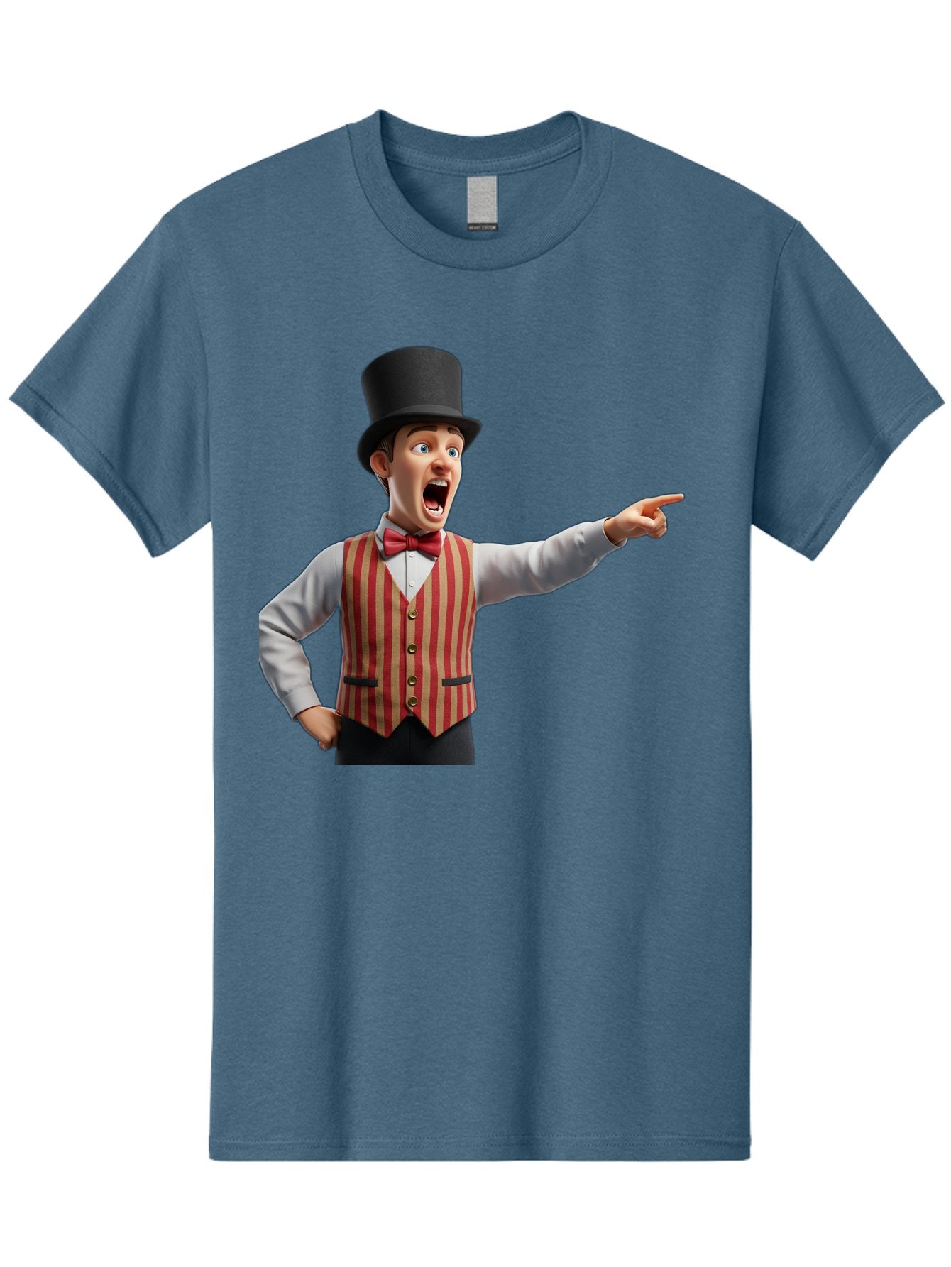 Ringmaster Men'S Graphic Tee, 100% Cotton, Comfortable Casual Summer Wear, Machine Washable, Cartoon Ringmaster, Striped Vest, Top Hat, Bow Tie, Pointing Gesture, Circus Performer, Cartoon Character, Red And White Stripes, Bad491 9