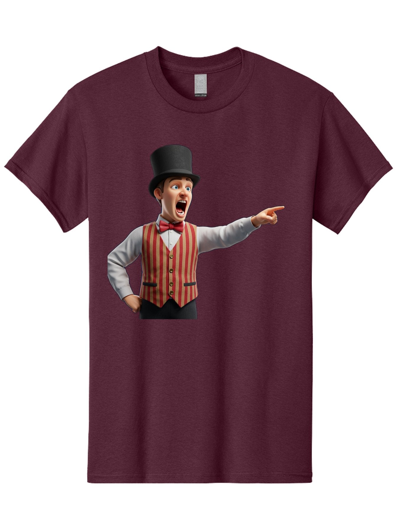 Ringmaster Men'S Graphic Tee, 100% Cotton, Comfortable Casual Summer Wear, Machine Washable, Cartoon Ringmaster, Striped Vest, Top Hat, Bow Tie, Pointing Gesture, Circus Performer, Cartoon Character, Red And White Stripes, Bad491 13