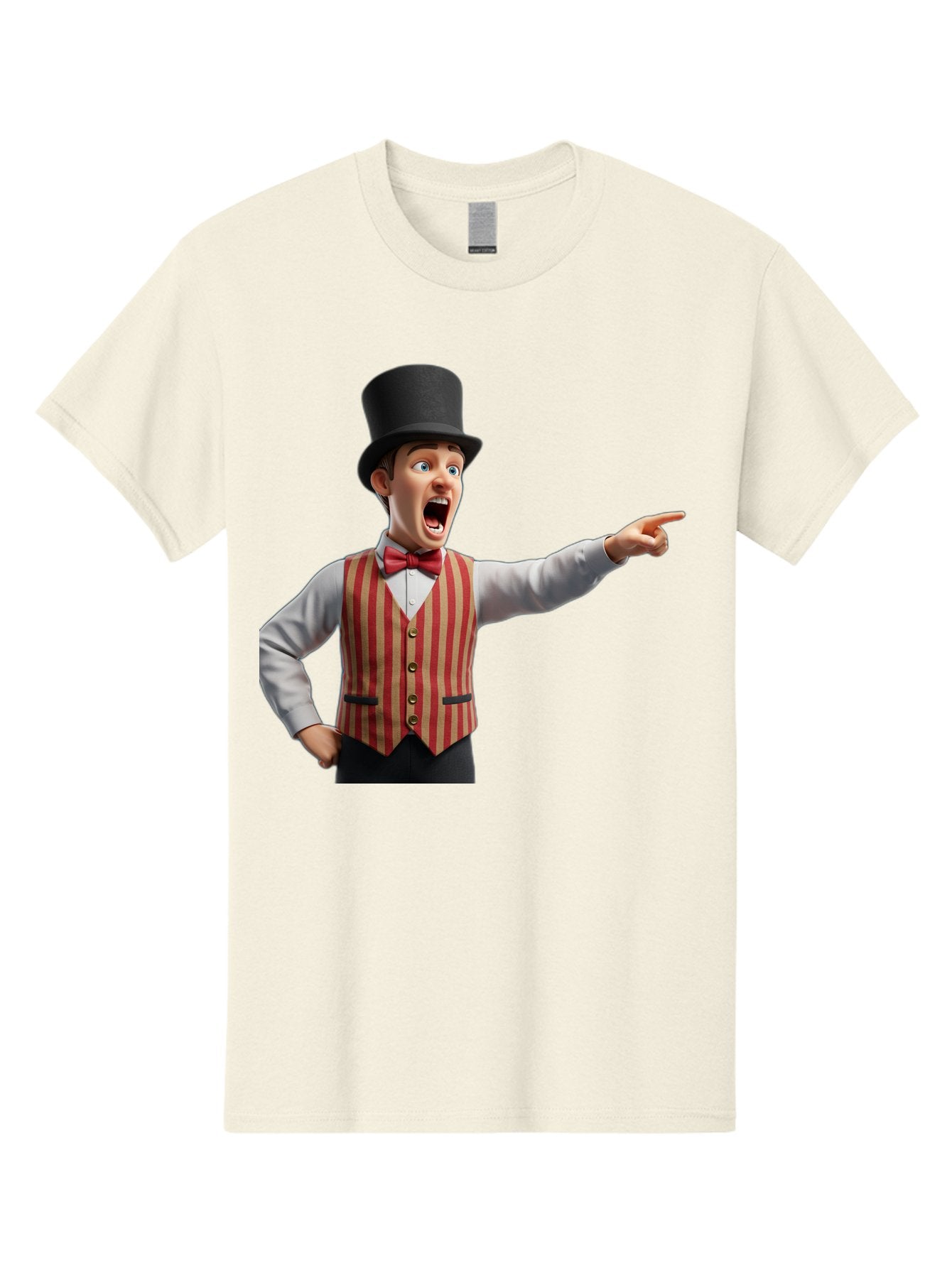 Ringmaster Men'S Graphic Tee, 100% Cotton, Comfortable Casual Summer Wear, Machine Washable, Cartoon Ringmaster, Striped Vest, Top Hat, Bow Tie, Pointing Gesture, Circus Performer, Cartoon Character, Red And White Stripes, Bad491 7