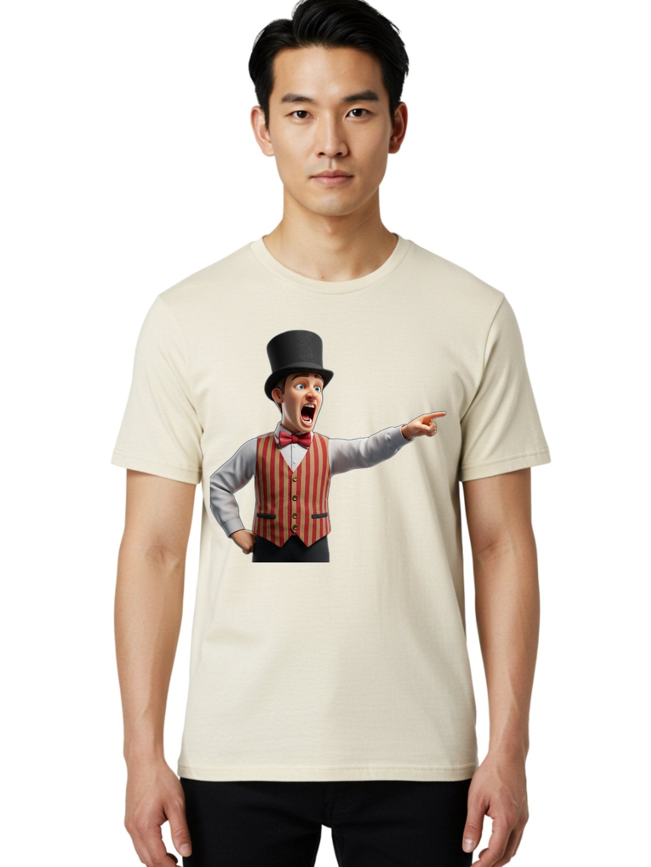 Ringmaster Men'S Graphic Tee, 100% Cotton, Comfortable Casual Summer Wear, Machine Washable, Cartoon Ringmaster, Striped Vest, Top Hat, Bow Tie, Pointing Gesture, Circus Performer, Cartoon Character, Red And White Stripes, Bad491 16