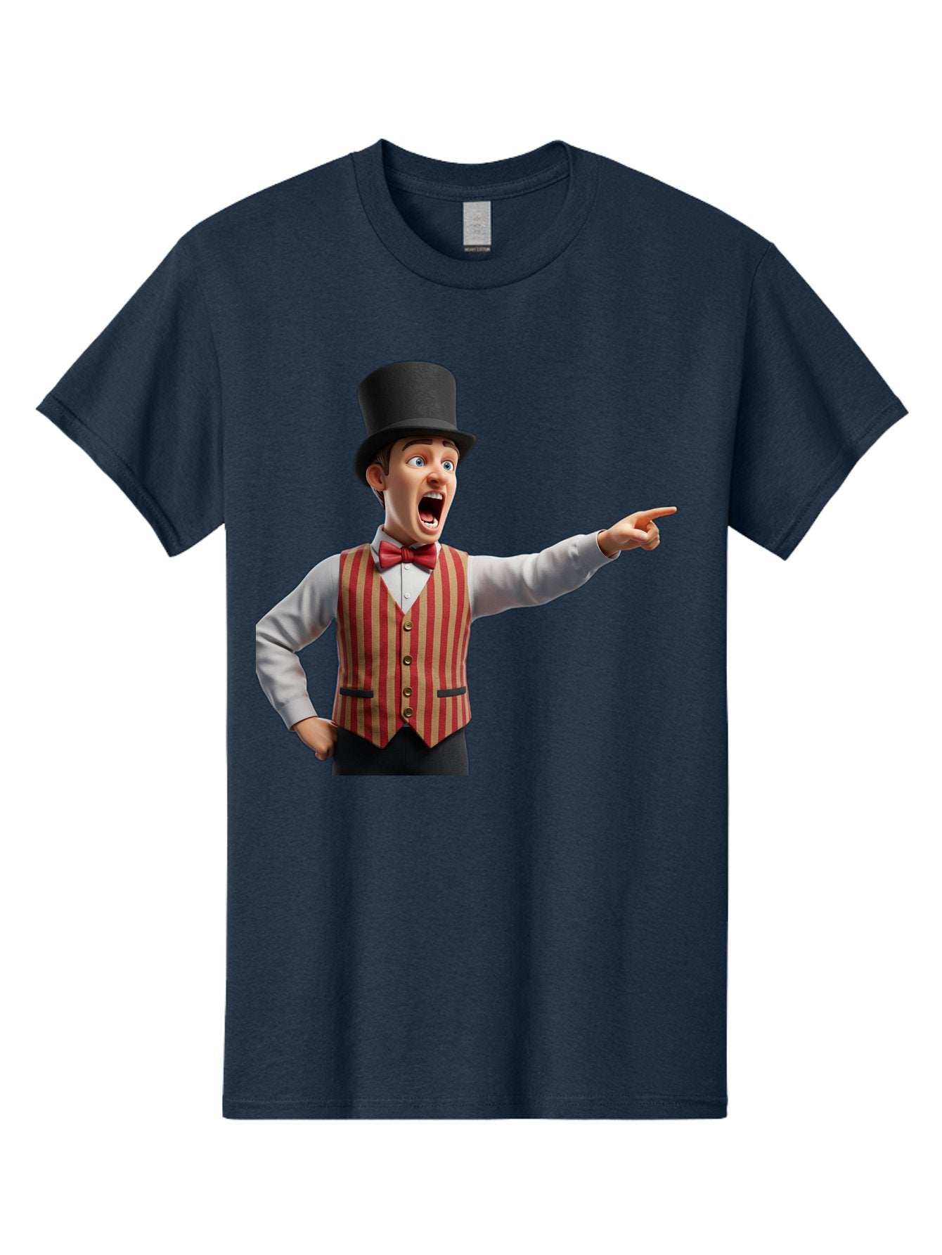Ringmaster Men'S Graphic Tee, 100% Cotton, Comfortable Casual Summer Wear, Machine Washable, Cartoon Ringmaster, Striped Vest, Top Hat, Bow Tie, Pointing Gesture, Circus Performer, Cartoon Character, Red And White Stripes, Bad491 11