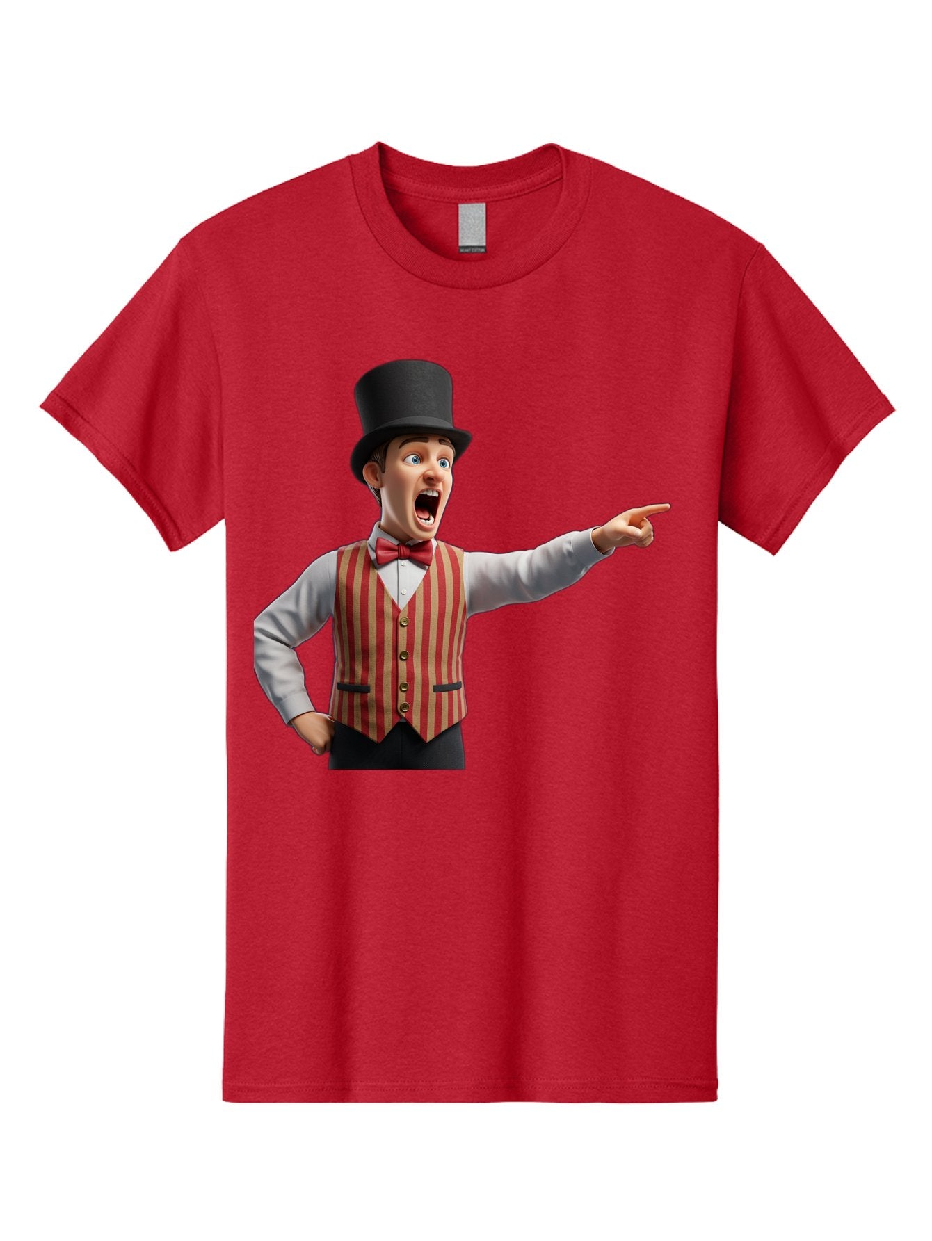 Ringmaster Men'S Graphic Tee, 100% Cotton, Comfortable Casual Summer Wear, Machine Washable, Cartoon Ringmaster, Striped Vest, Top Hat, Bow Tie, Pointing Gesture, Circus Performer, Cartoon Character, Red And White Stripes, Bad491 8