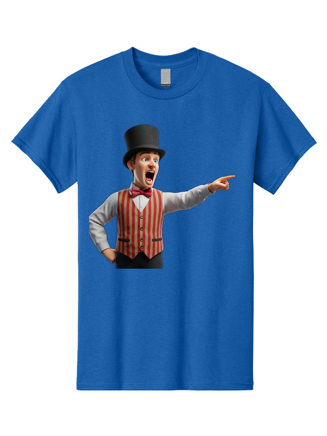 Ringmaster Men'S Graphic Tee, 100% Cotton, Comfortable Casual Summer Wear, Machine Washable, Cartoon Ringmaster, Striped Vest, Top Hat, Bow Tie, Pointing Gesture, Circus Performer, Cartoon Character, Red And White Stripes, Bad491 14