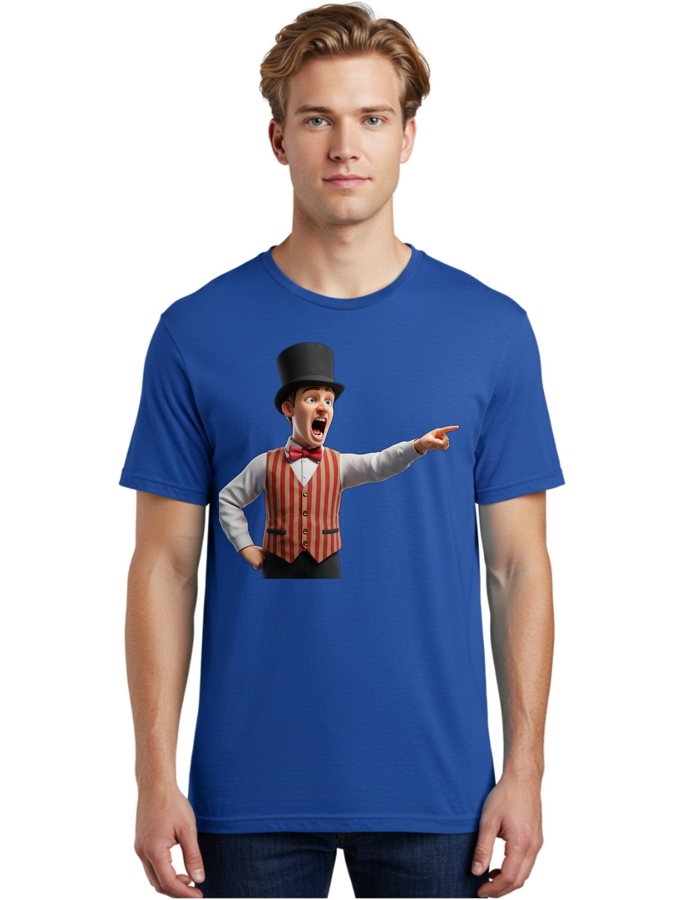 Ringmaster Men'S Graphic Tee, 100% Cotton, Comfortable Casual Summer Wear, Machine Washable, Cartoon Ringmaster, Striped Vest, Top Hat, Bow Tie, Pointing Gesture, Circus Performer, Cartoon Character, Red And White Stripes, Bad491 29