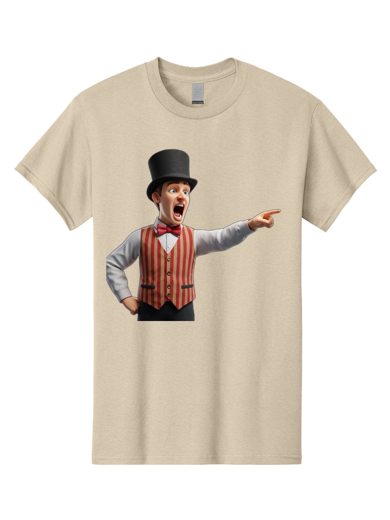 Ringmaster Men'S Graphic Tee, 100% Cotton, Comfortable Casual Summer Wear, Machine Washable, Cartoon Ringmaster, Striped Vest, Top Hat, Bow Tie, Pointing Gesture, Circus Performer, Cartoon Character, Red And White Stripes, Bad491 5