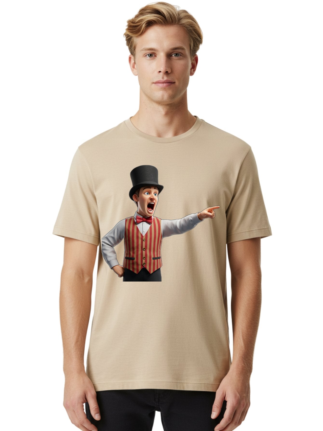 Ringmaster Men'S Graphic Tee, 100% Cotton, Comfortable Casual Summer Wear, Machine Washable, Cartoon Ringmaster, Striped Vest, Top Hat, Bow Tie, Pointing Gesture, Circus Performer, Cartoon Character, Red And White Stripes, Bad491 23