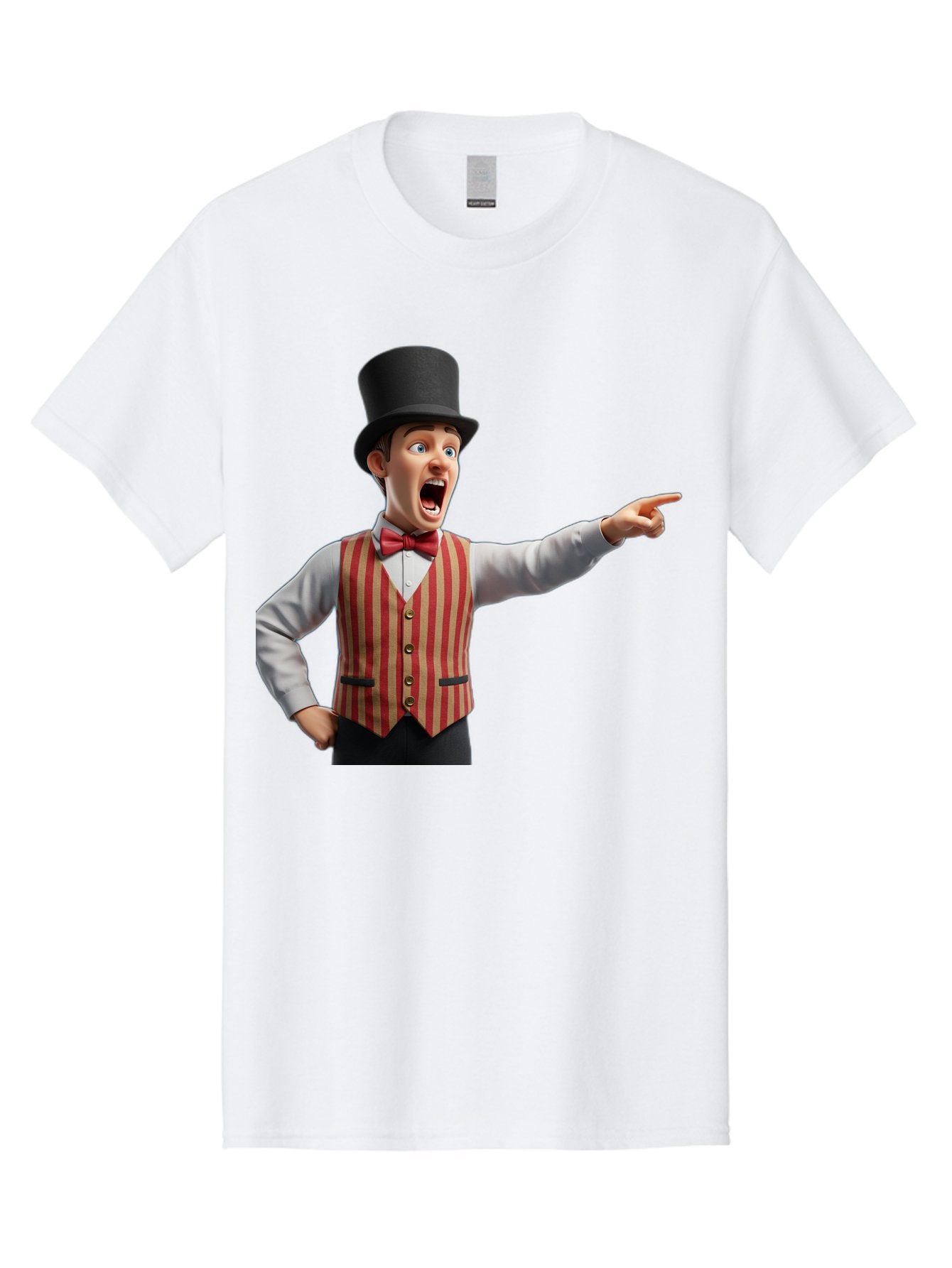 Ringmaster Men'S Graphic Tee, 100% Cotton, Comfortable Casual Summer Wear, Machine Washable, Cartoon Ringmaster, Striped Vest, Top Hat, Bow Tie, Pointing Gesture, Circus Performer, Cartoon Character, Red And White Stripes, Bad491