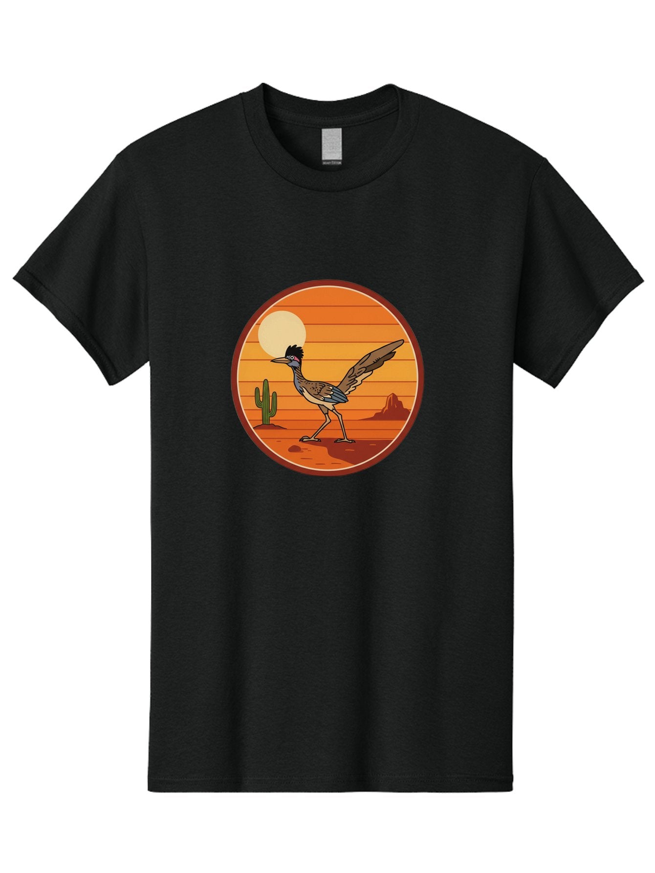 Roadrunner-Desert-Sunset Men'S Graphic Tee, 100% Cotton, Comfortable Casual Summer Wear, Machine Washable, Roadrunner In The Desert, Desert Sunset, Southwestern Landscape, Cactus, Rocky Terrain, Full Moon, Roadrunner Illustration, Bad493 10