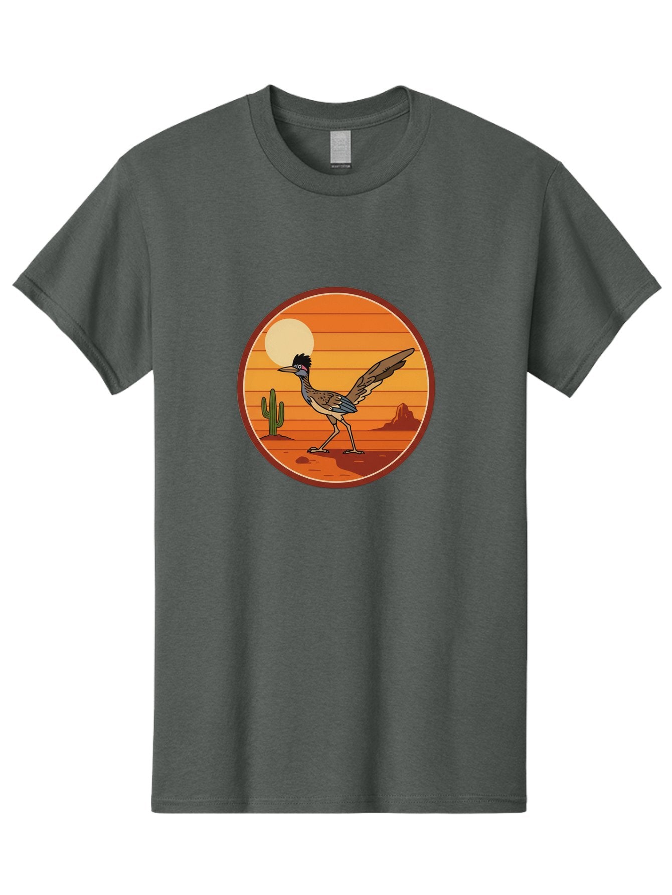 Roadrunner-Desert-Sunset Men'S Graphic Tee, 100% Cotton, Comfortable Casual Summer Wear, Machine Washable, Roadrunner In The Desert, Desert Sunset, Southwestern Landscape, Cactus, Rocky Terrain, Full Moon, Roadrunner Illustration, Bad493 5