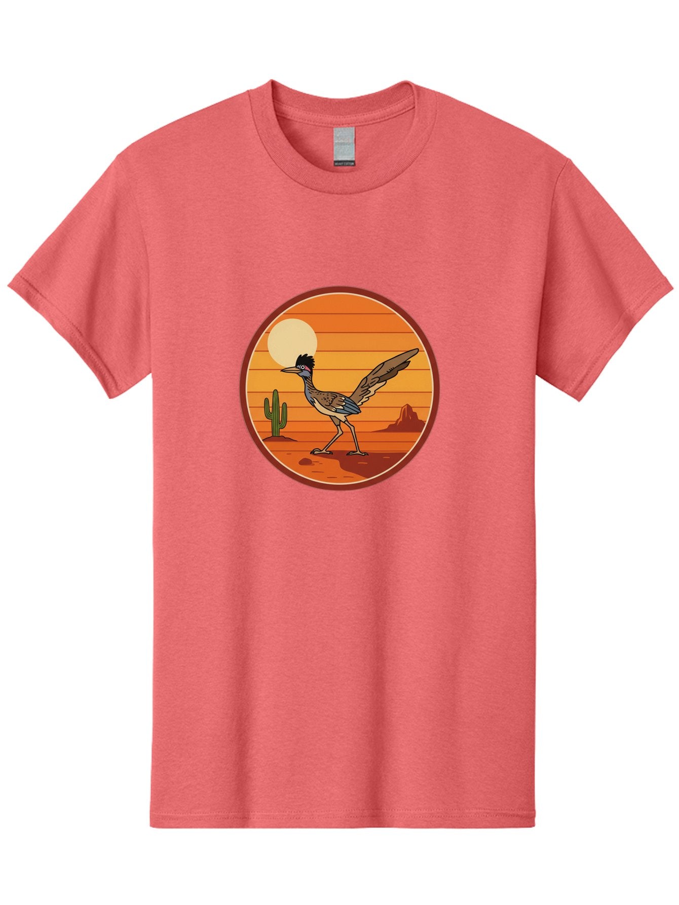 Roadrunner-Desert-Sunset Men'S Graphic Tee, 100% Cotton, Comfortable Casual Summer Wear, Machine Washable, Roadrunner In The Desert, Desert Sunset, Southwestern Landscape, Cactus, Rocky Terrain, Full Moon, Roadrunner Illustration, Bad493