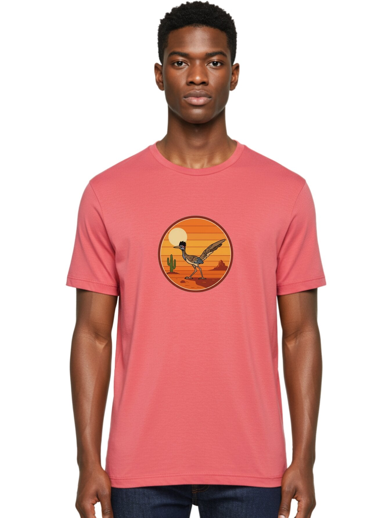 Roadrunner-Desert-Sunset Men'S Graphic Tee, 100% Cotton, Comfortable Casual Summer Wear, Machine Washable, Roadrunner In The Desert, Desert Sunset, Southwestern Landscape, Cactus, Rocky Terrain, Full Moon, Roadrunner Illustration, Bad493 21