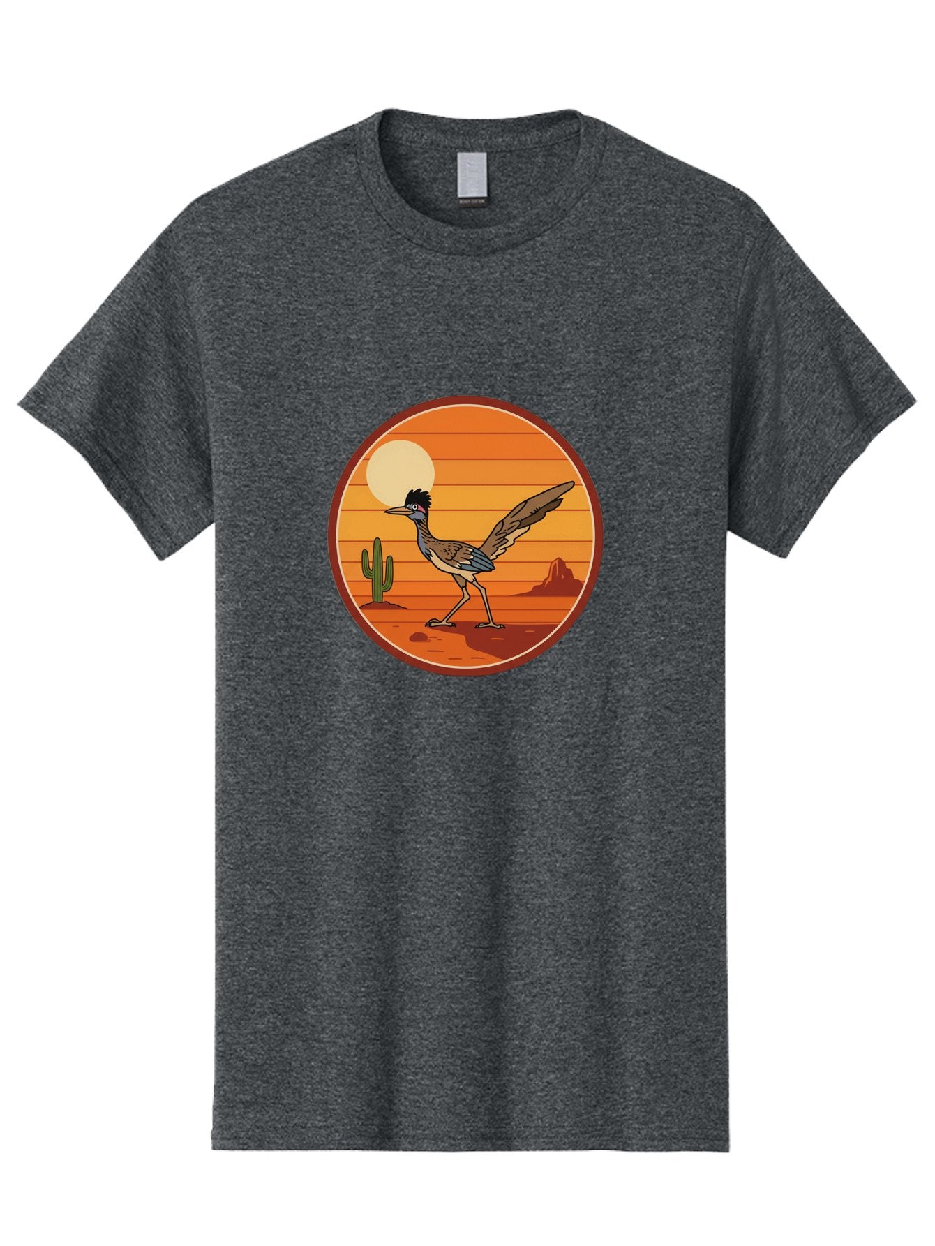 Roadrunner-Desert-Sunset Men'S Graphic Tee, 100% Cotton, Comfortable Casual Summer Wear, Machine Washable, Roadrunner In The Desert, Desert Sunset, Southwestern Landscape, Cactus, Rocky Terrain, Full Moon, Roadrunner Illustration, Bad493 4