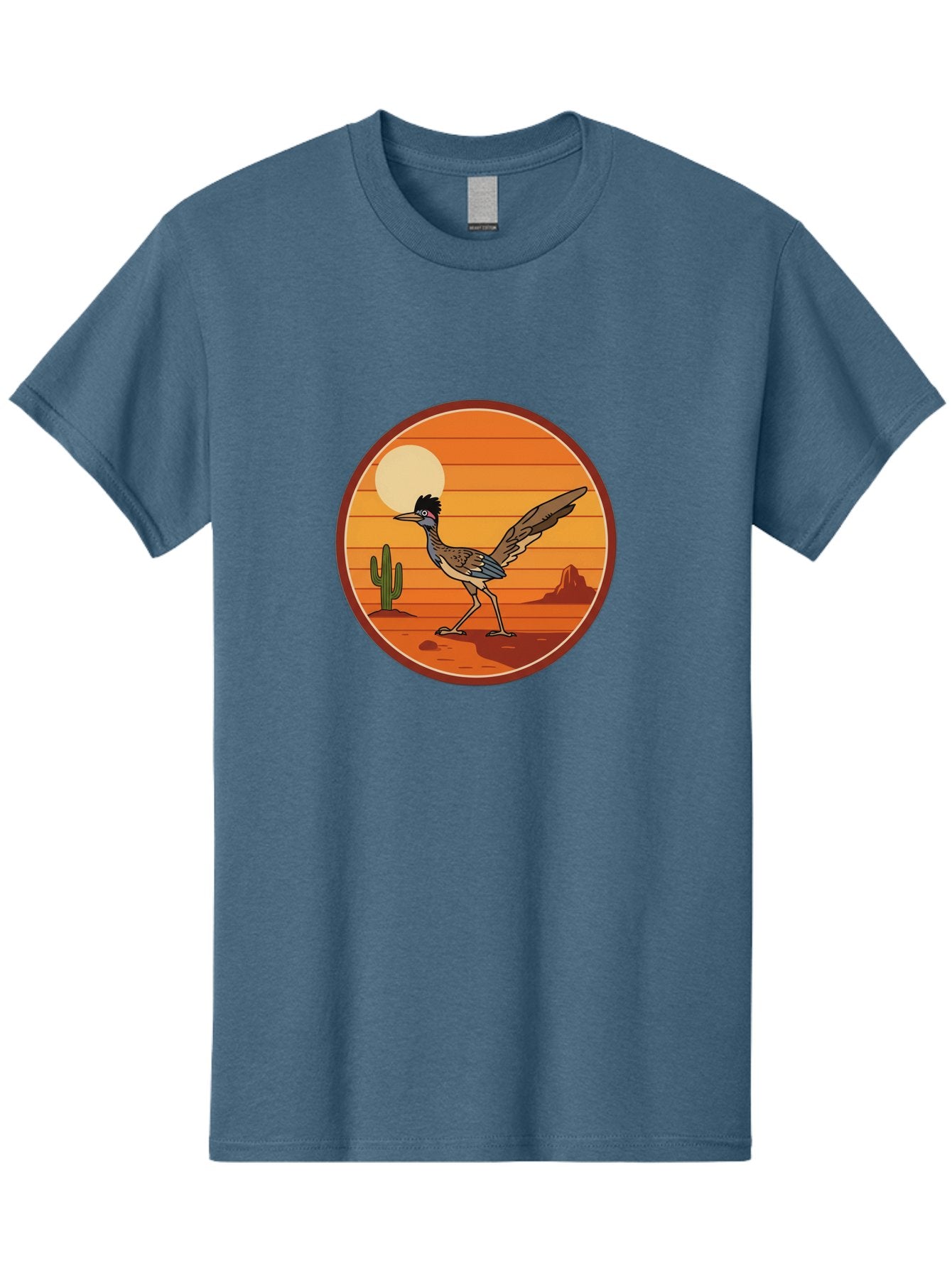 Roadrunner-Desert-Sunset Men'S Graphic Tee, 100% Cotton, Comfortable Casual Summer Wear, Machine Washable, Roadrunner In The Desert, Desert Sunset, Southwestern Landscape, Cactus, Rocky Terrain, Full Moon, Roadrunner Illustration, Bad493 14