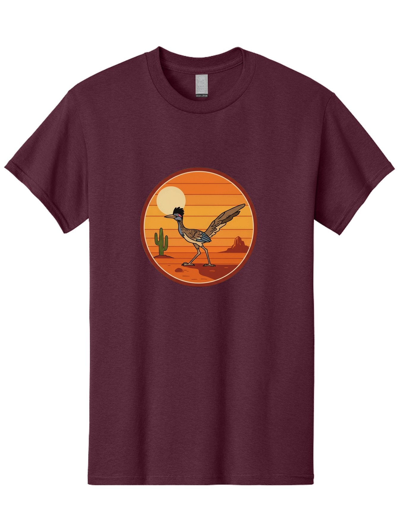 Roadrunner-Desert-Sunset Men'S Graphic Tee, 100% Cotton, Comfortable Casual Summer Wear, Machine Washable, Roadrunner In The Desert, Desert Sunset, Southwestern Landscape, Cactus, Rocky Terrain, Full Moon, Roadrunner Illustration, Bad493