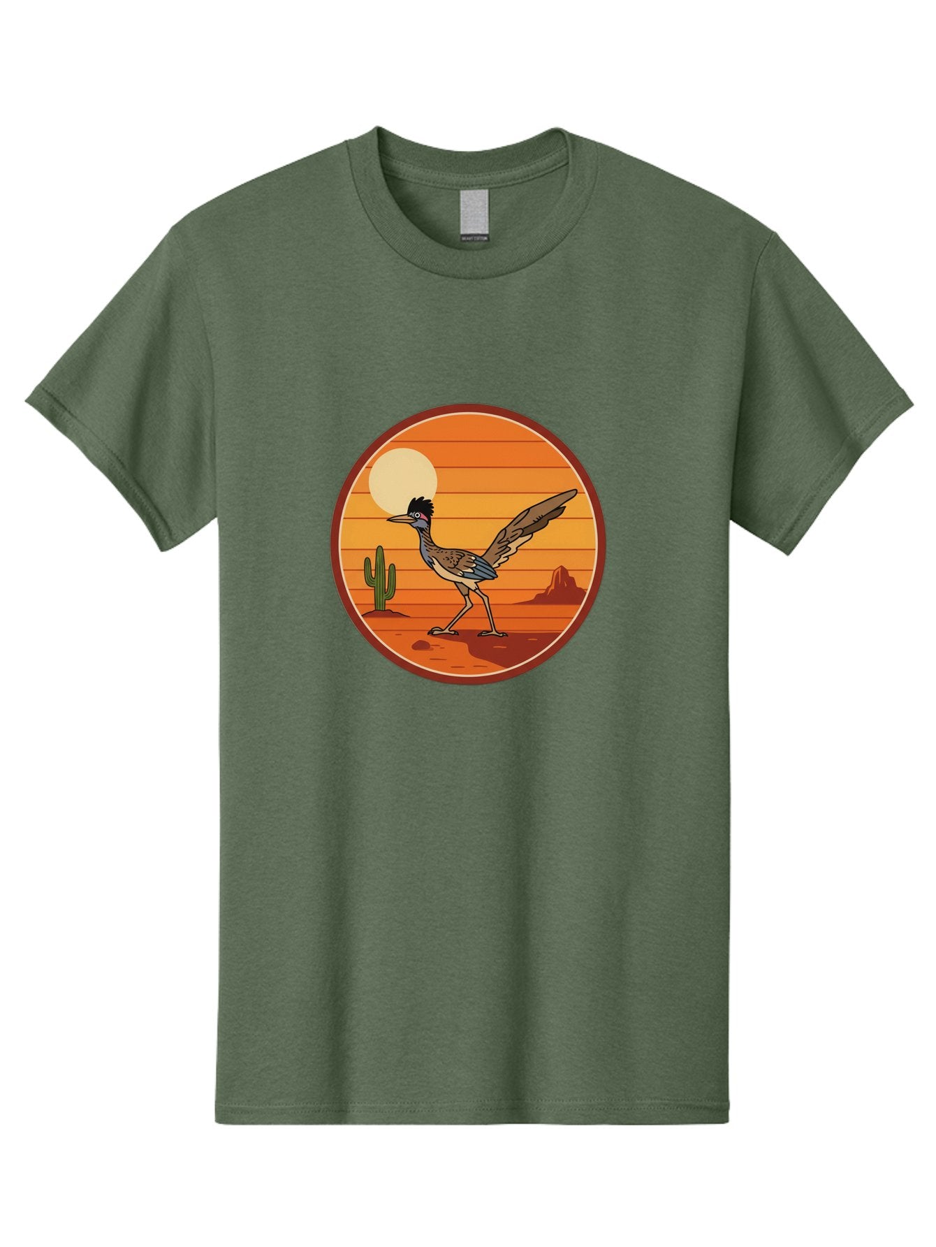 Roadrunner-Desert-Sunset Men'S Graphic Tee, 100% Cotton, Comfortable Casual Summer Wear, Machine Washable, Roadrunner In The Desert, Desert Sunset, Southwestern Landscape, Cactus, Rocky Terrain, Full Moon, Roadrunner Illustration, Bad493 6