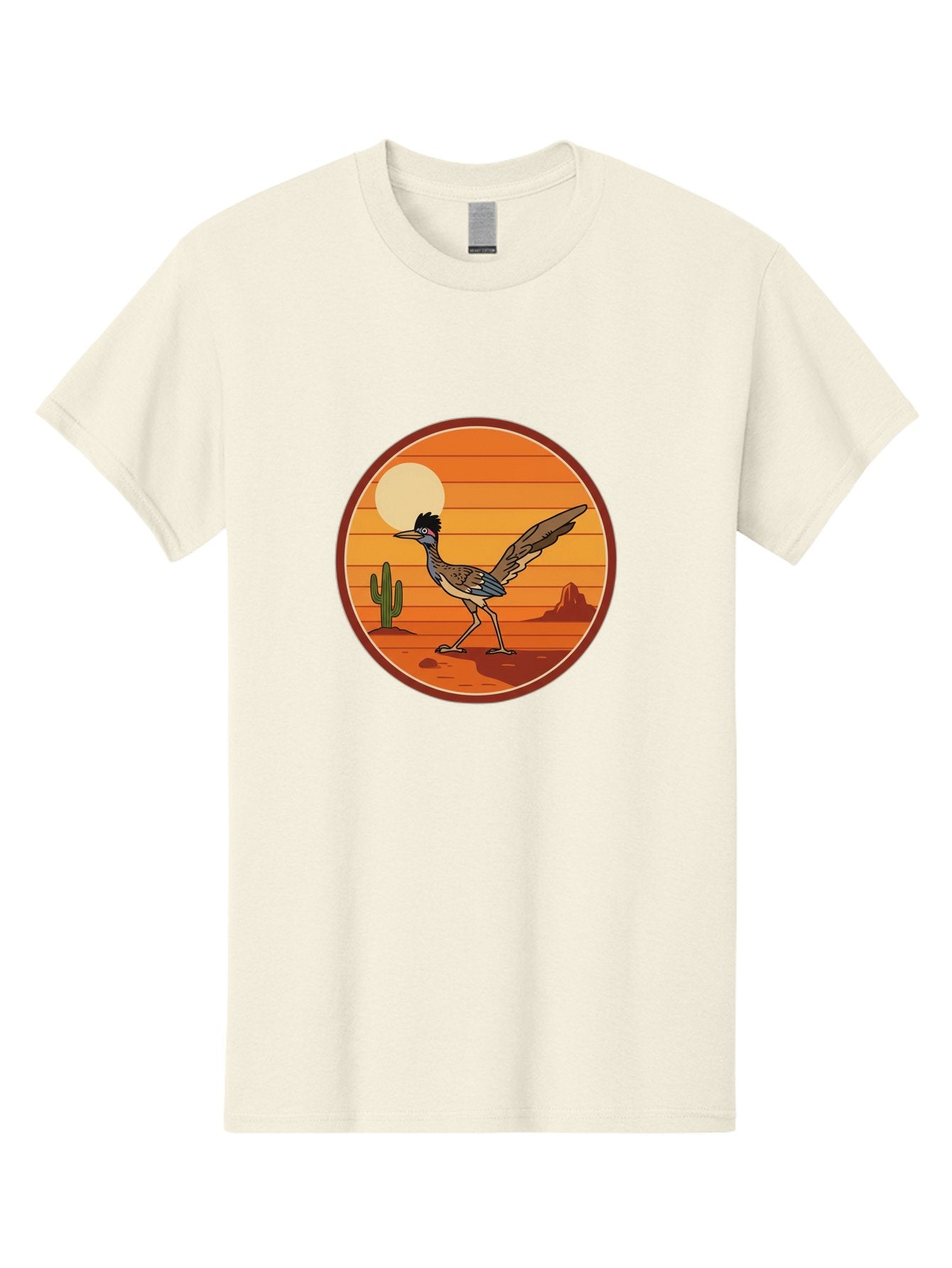 Roadrunner-Desert-Sunset Men'S Graphic Tee, 100% Cotton, Comfortable Casual Summer Wear, Machine Washable, Roadrunner In The Desert, Desert Sunset, Southwestern Landscape, Cactus, Rocky Terrain, Full Moon, Roadrunner Illustration, Bad493 3