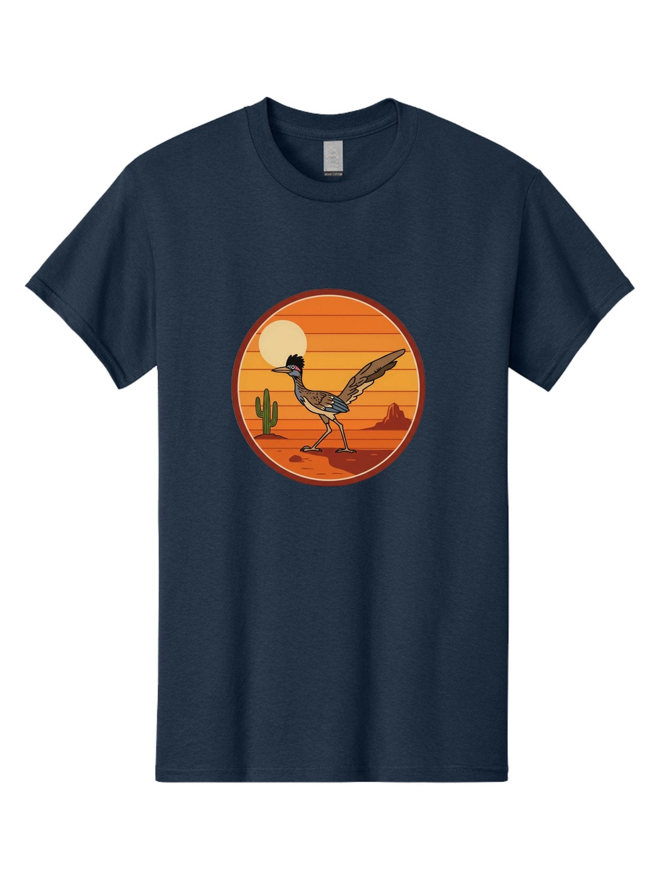 Roadrunner-Desert-Sunset Men'S Graphic Tee, 100% Cotton, Comfortable Casual Summer Wear, Machine Washable, Roadrunner In The Desert, Desert Sunset, Southwestern Landscape, Cactus, Rocky Terrain, Full Moon, Roadrunner Illustration, Bad493 15