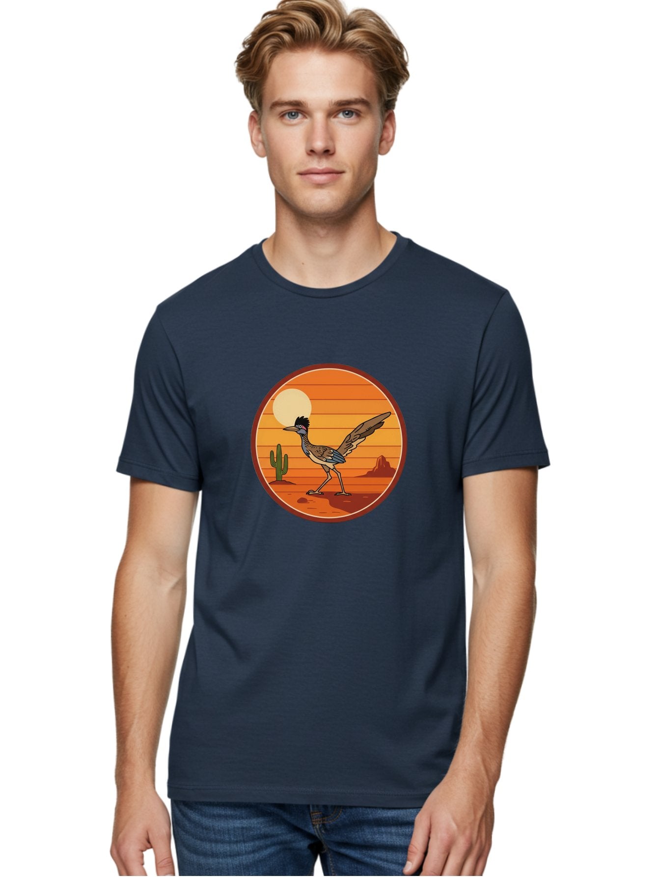 Roadrunner-Desert-Sunset Men'S Graphic Tee, 100% Cotton, Comfortable Casual Summer Wear, Machine Washable, Roadrunner In The Desert, Desert Sunset, Southwestern Landscape, Cactus, Rocky Terrain, Full Moon, Roadrunner Illustration, Bad493 30