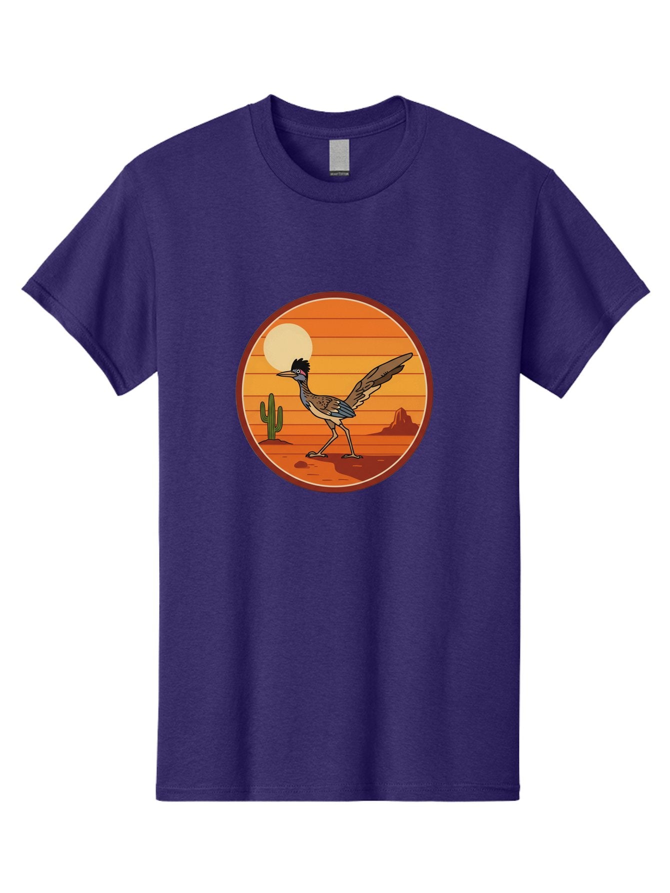 Roadrunner-Desert-Sunset Men'S Graphic Tee, 100% Cotton, Comfortable Casual Summer Wear, Machine Washable, Roadrunner In The Desert, Desert Sunset, Southwestern Landscape, Cactus, Rocky Terrain, Full Moon, Roadrunner Illustration, Bad493 13