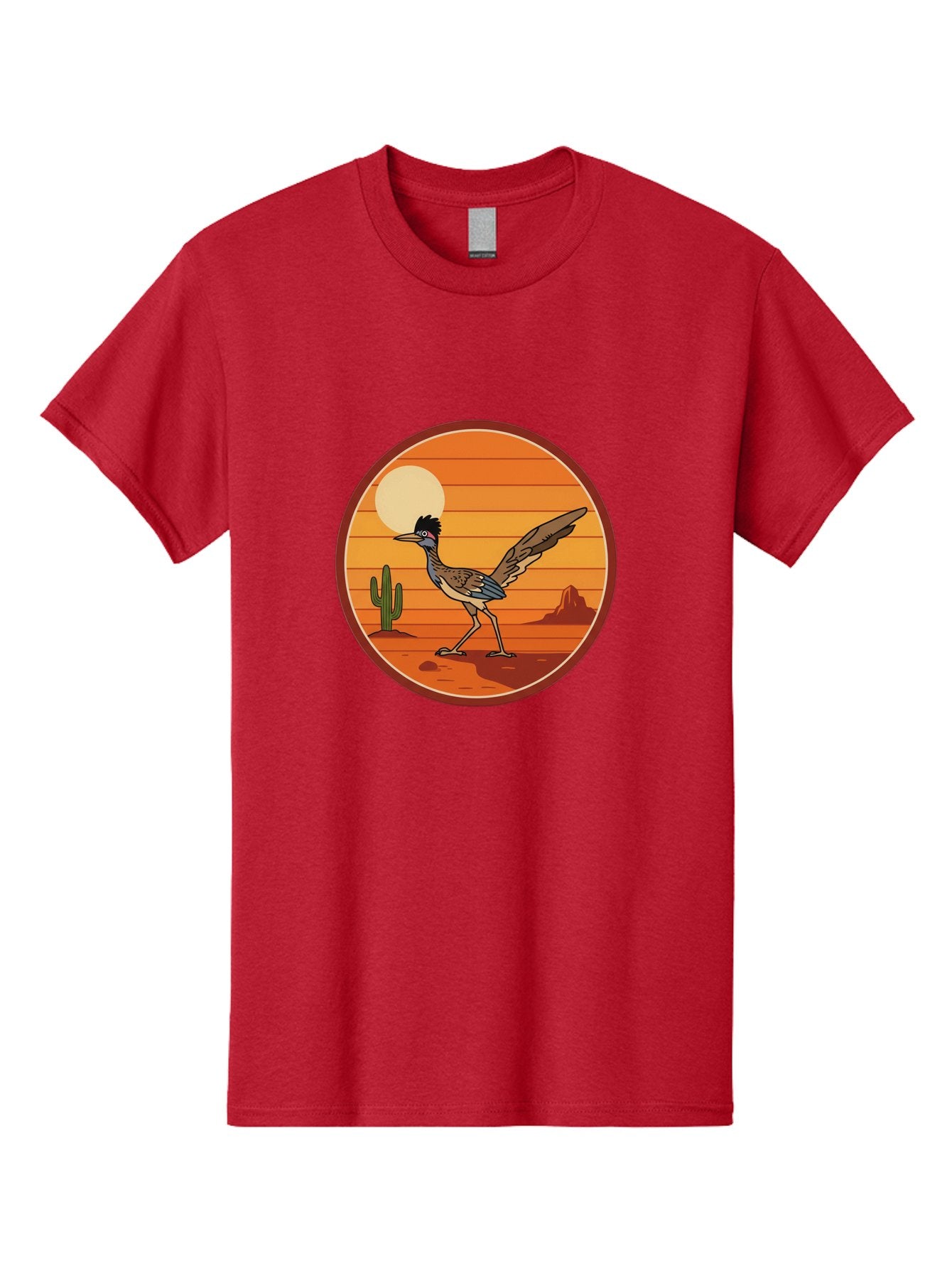 Roadrunner-Desert-Sunset Men'S Graphic Tee, 100% Cotton, Comfortable Casual Summer Wear, Machine Washable, Roadrunner In The Desert, Desert Sunset, Southwestern Landscape, Cactus, Rocky Terrain, Full Moon, Roadrunner Illustration, Bad493 7