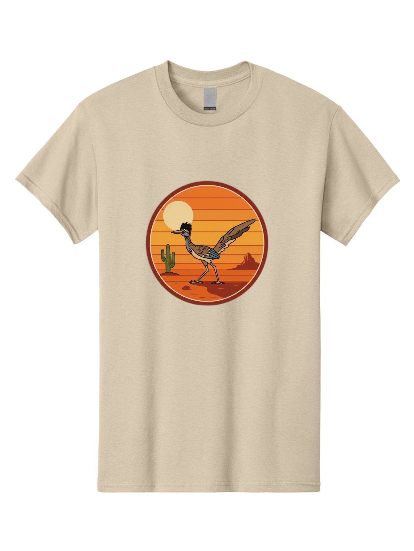 Roadrunner-Desert-Sunset Men'S Graphic Tee, 100% Cotton, Comfortable Casual Summer Wear, Machine Washable, Roadrunner In The Desert, Desert Sunset, Southwestern Landscape, Cactus, Rocky Terrain, Full Moon, Roadrunner Illustration, Bad493 8