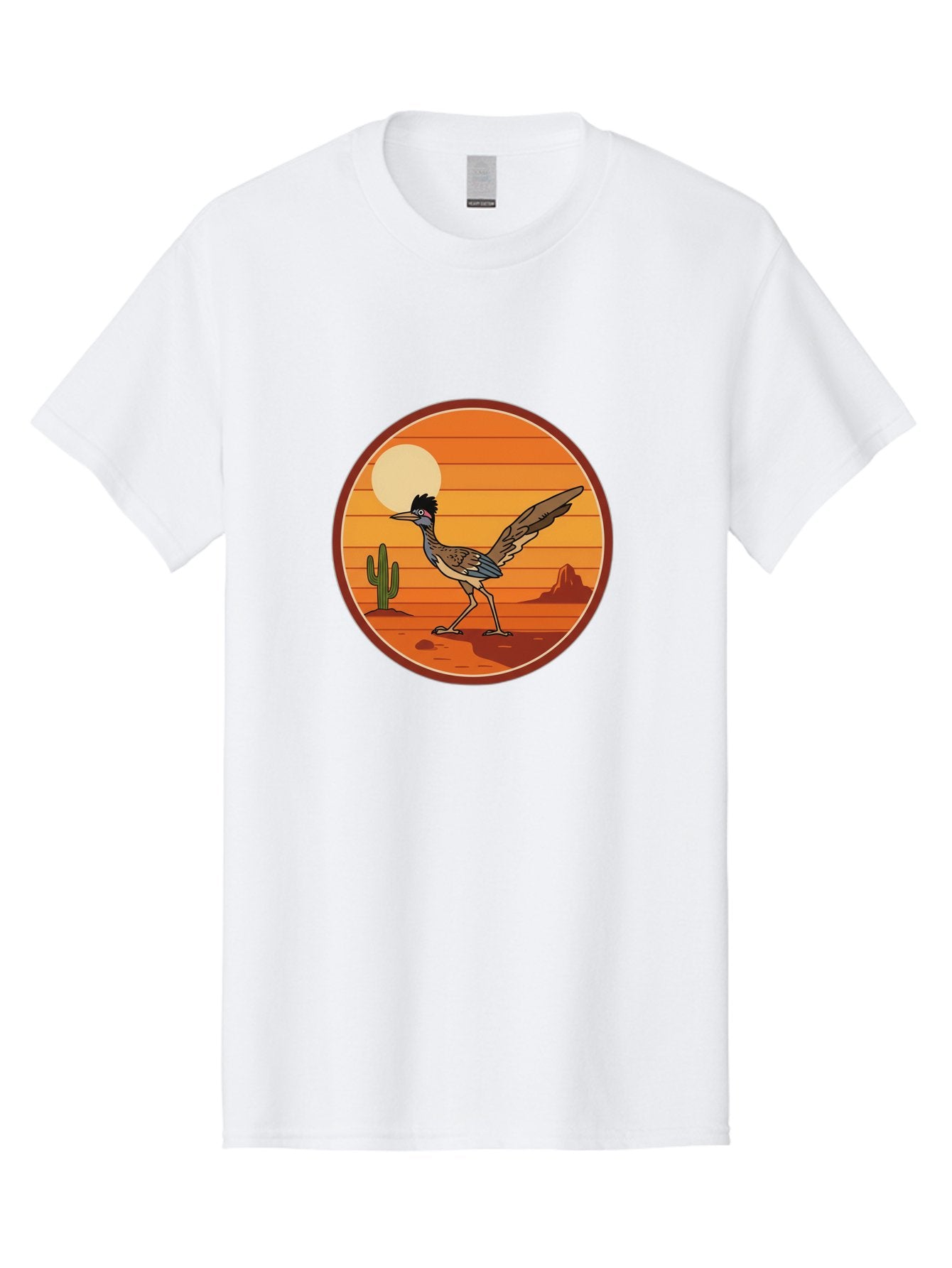 Roadrunner-Desert-Sunset Men'S Graphic Tee, 100% Cotton, Comfortable Casual Summer Wear, Machine Washable, Roadrunner In The Desert, Desert Sunset, Southwestern Landscape, Cactus, Rocky Terrain, Full Moon, Roadrunner Illustration, Bad493 11
