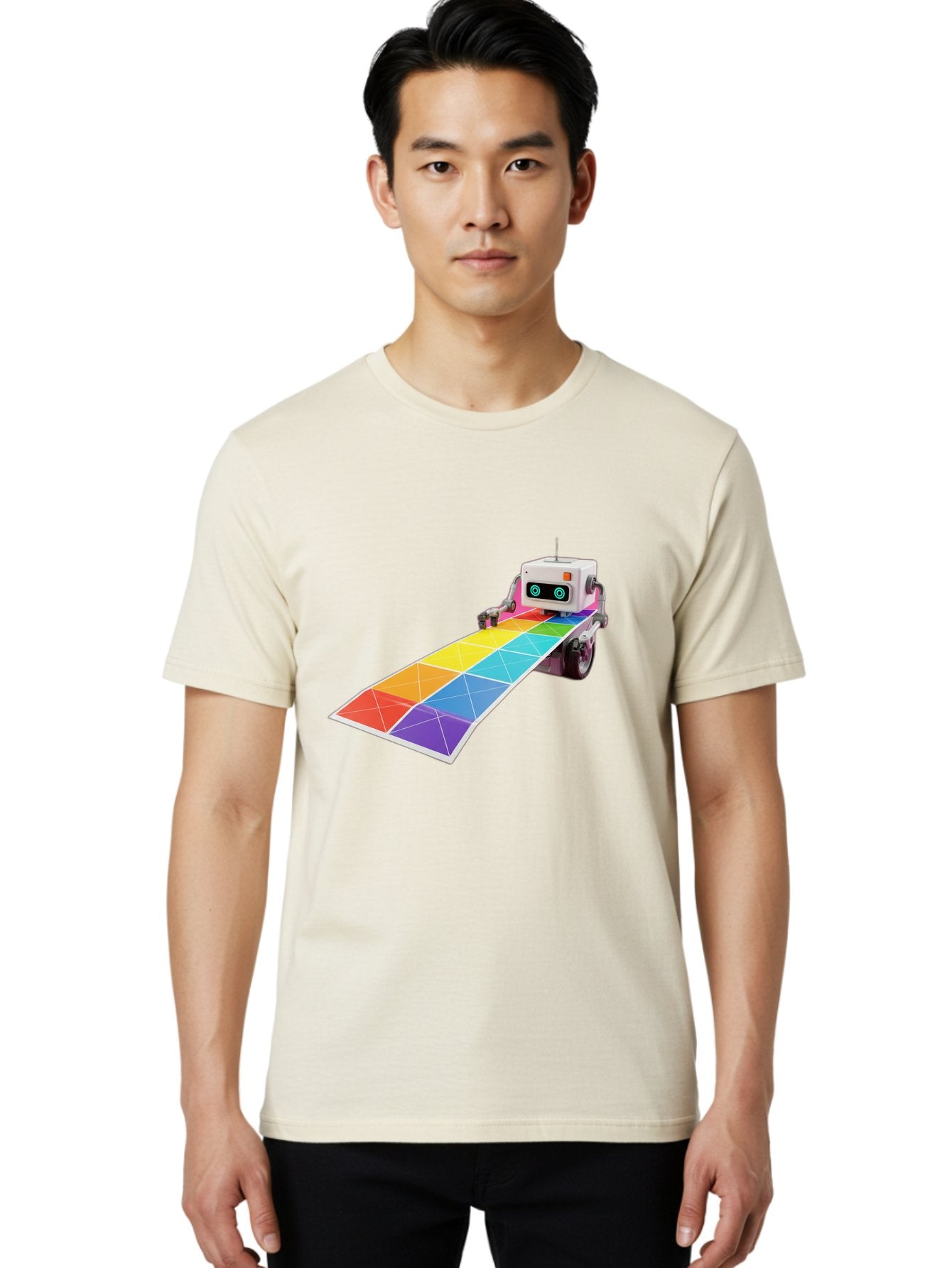 Robot-Dj-Booth Men'S Graphic Tee, 100% Cotton, Comfortable Casual Summer Wear, Machine Washable, Robot Dj, Colorful Turntable, Rainbow-Colored Dj Deck, Music Production, Electronic Dance Music, Futuristic Technology, Dance Floor Vibes, Bad494 16