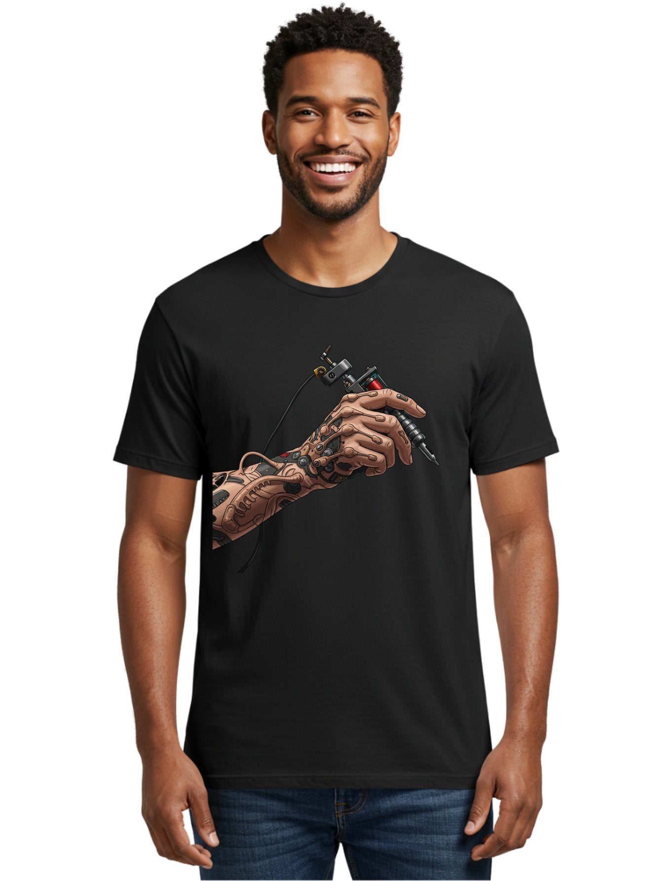 Robot-Hand-Tattoo-Machine Men'S Graphic Tee, 100% Cotton, Comfortable Casual Summer Wear, Machine Washable, Robotic Hand, Tattoo Machine, Mechanical Arm, Futuristic Art, Tattoo Artist, Robotic Precision, Mechanical Limb, Tattoo Design Bad495 30