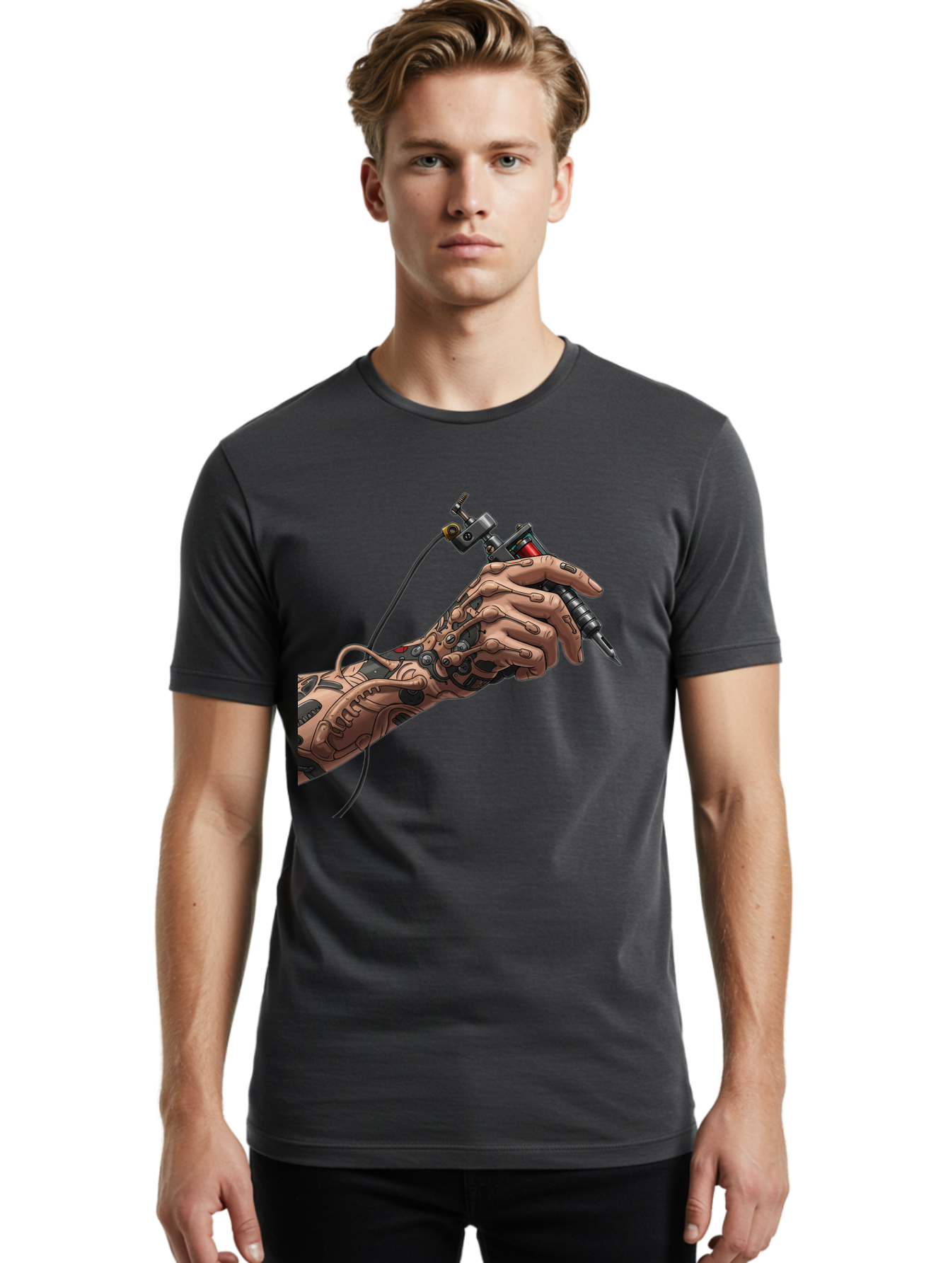 Robot-Hand-Tattoo-Machine Men'S Graphic Tee, 100% Cotton, Comfortable Casual Summer Wear, Machine Washable, Robotic Hand, Tattoo Machine, Mechanical Arm, Futuristic Art, Tattoo Artist, Robotic Precision, Mechanical Limb, Tattoo Design Bad495 27