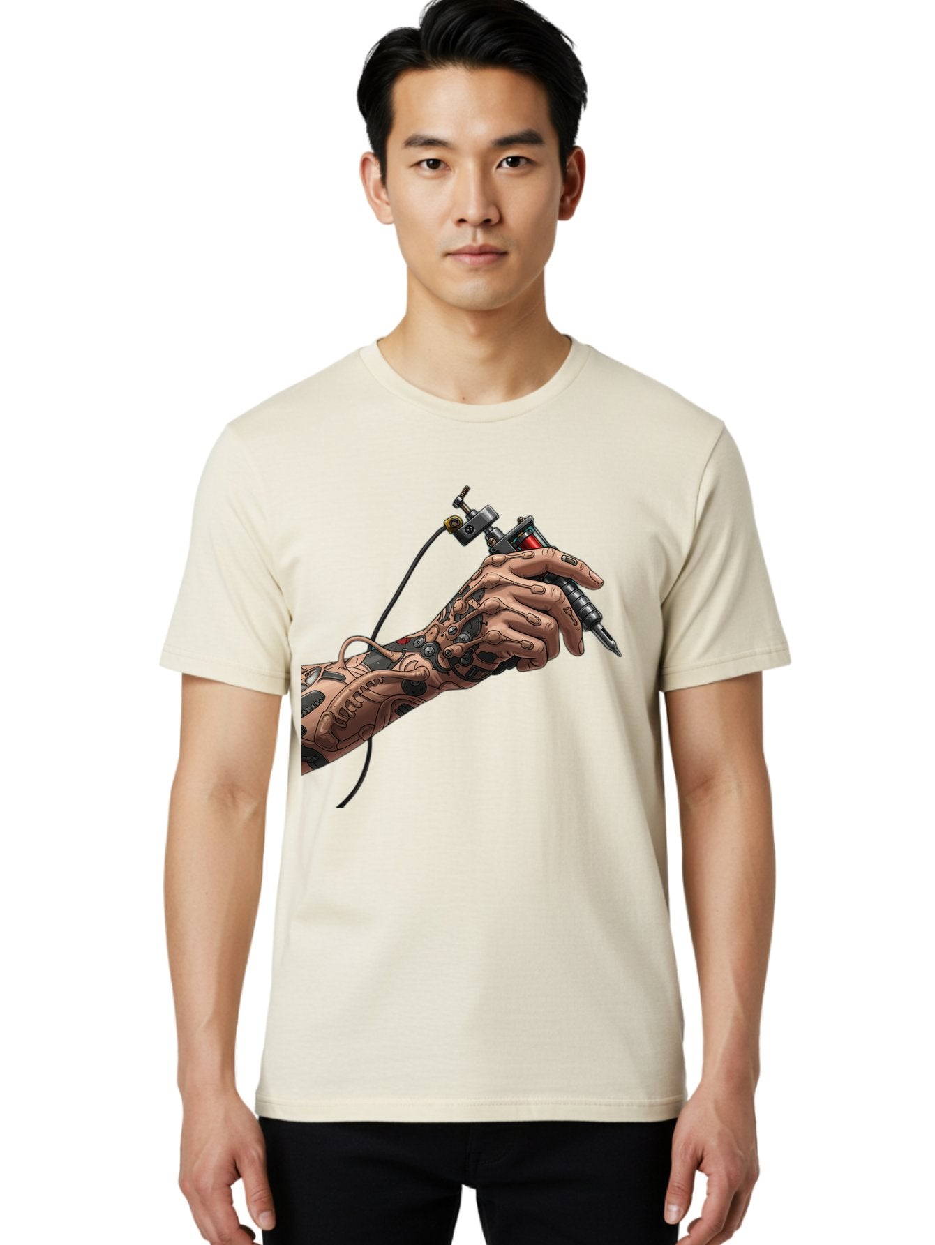 Robot-Hand-Tattoo-Machine Men'S Graphic Tee, 100% Cotton, Comfortable Casual Summer Wear, Machine Washable, Robotic Hand, Tattoo Machine, Mechanical Arm, Futuristic Art, Tattoo Artist, Robotic Precision, Mechanical Limb, Tattoo Design Bad495 25