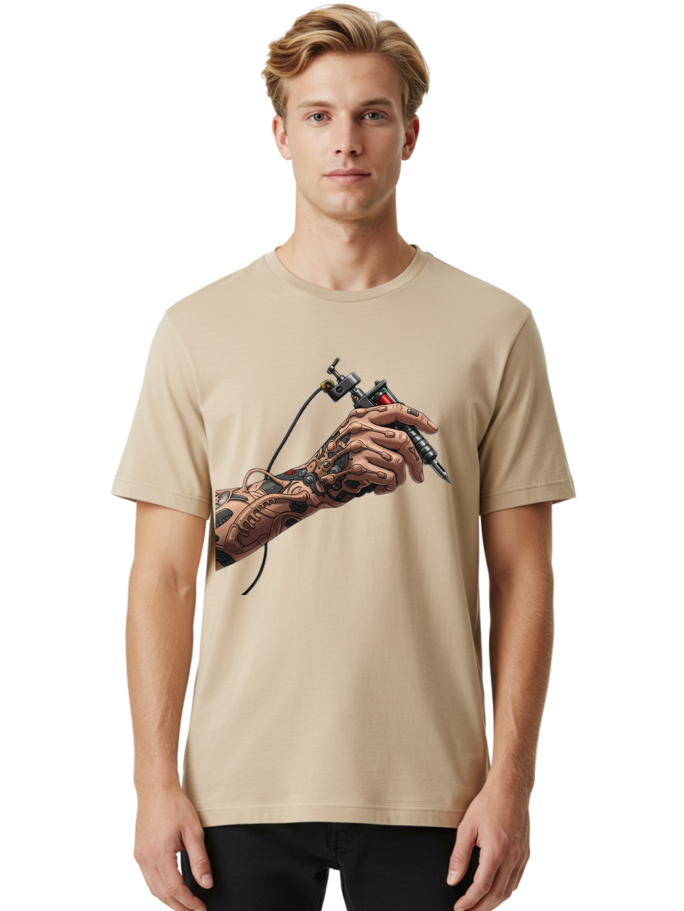 Robot-Hand-Tattoo-Machine Men'S Graphic Tee, 100% Cotton, Comfortable Casual Summer Wear, Machine Washable, Robotic Hand, Tattoo Machine, Mechanical Arm, Futuristic Art, Tattoo Artist, Robotic Precision, Mechanical Limb, Tattoo Design Bad495 24