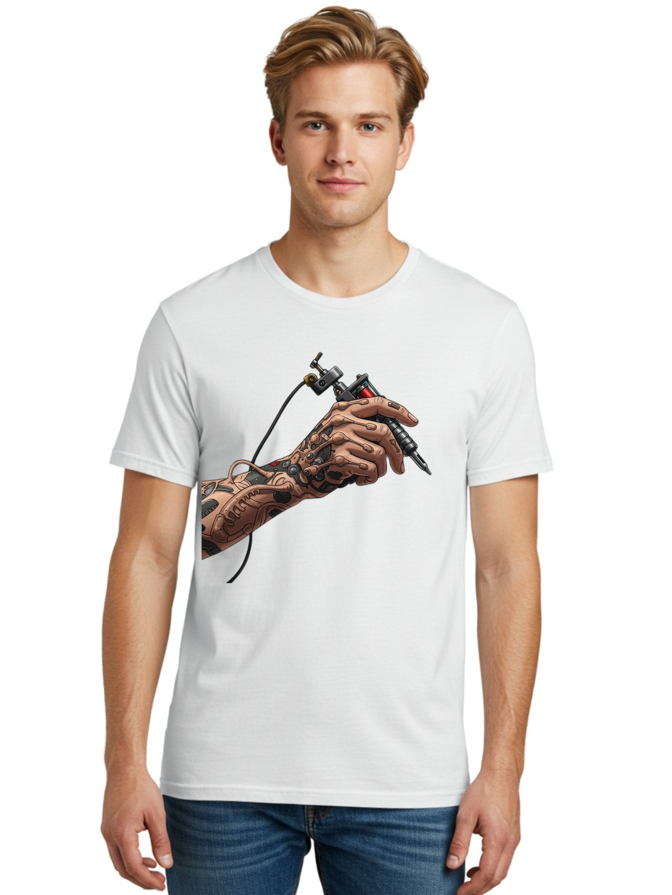 Robot-Hand-Tattoo-Machine Men'S Graphic Tee, 100% Cotton, Comfortable Casual Summer Wear, Machine Washable, Robotic Hand, Tattoo Machine, Mechanical Arm, Futuristic Art, Tattoo Artist, Robotic Precision, Mechanical Limb, Tattoo Design Bad495 23