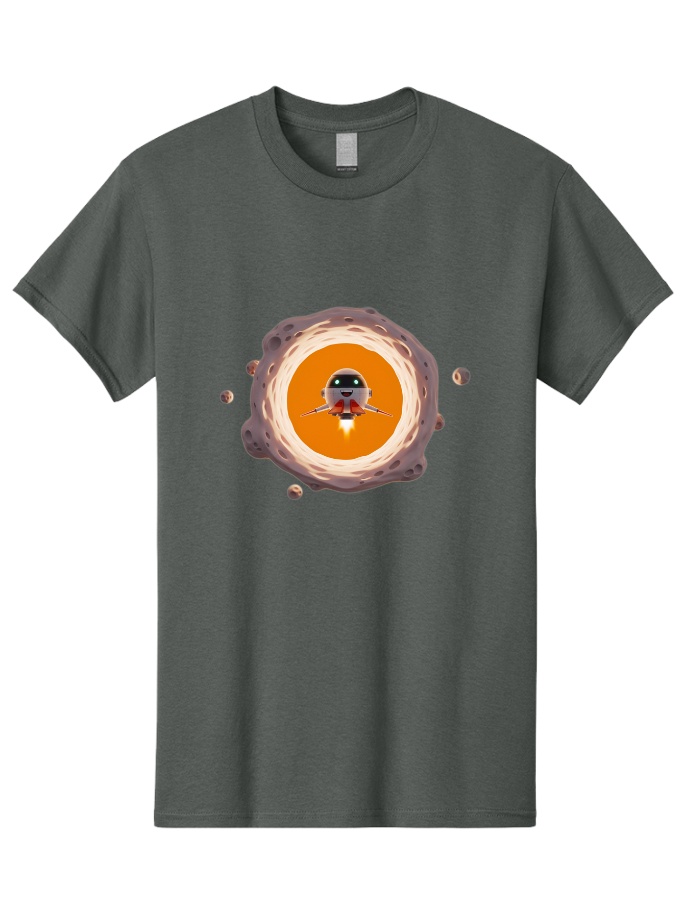 Robot-Spaceship Men'S Graphic Tee, 100% Cotton, Comfortable Casual Summer Wear, Machine Washable, Robot Spaceship Emerging From Crater, Asteroid Field, Robotic Exploration, Space Travel, Futuristic Technology, Sci-Fi Adventure, Cartoon Style Bad497