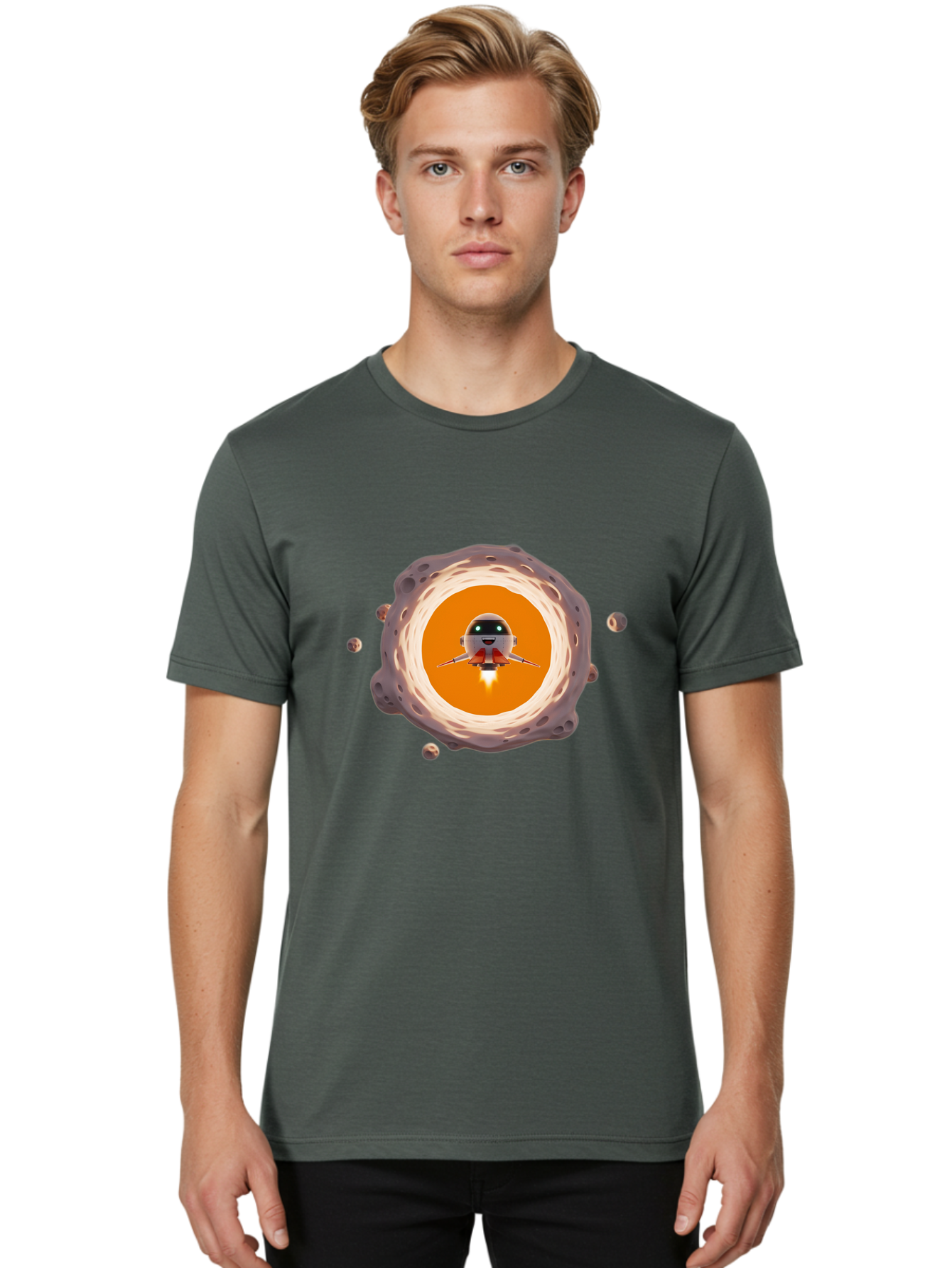 Robot-Spaceship Men'S Graphic Tee, 100% Cotton, Comfortable Casual Summer Wear, Machine Washable, Robot Spaceship Emerging From Crater, Asteroid Field, Robotic Exploration, Space Travel, Futuristic Technology, Sci-Fi Adventure, Cartoon Style Bad497 17