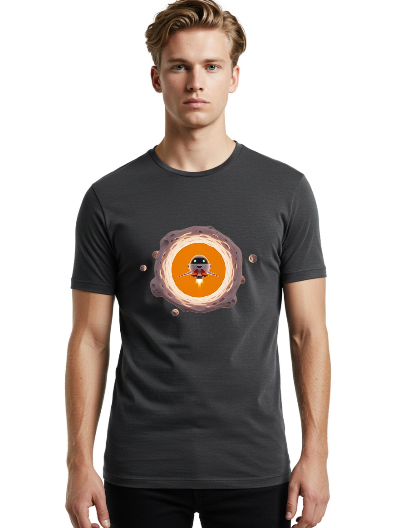 Robot-Spaceship Men'S Graphic Tee, 100% Cotton, Comfortable Casual Summer Wear, Machine Washable, Robot Spaceship Emerging From Crater, Asteroid Field, Robotic Exploration, Space Travel, Futuristic Technology, Sci-Fi Adventure, Cartoon Style Bad497 30