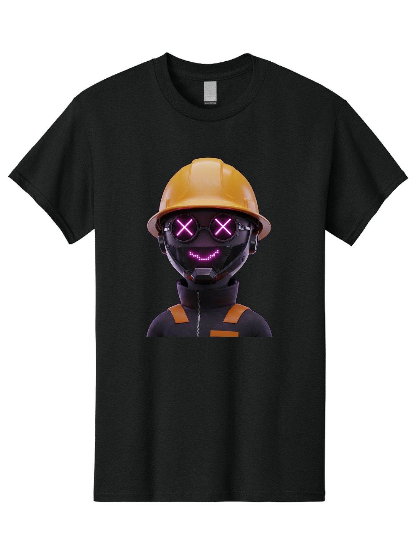Robot-With-Construction-Hat Men'S Graphic Tee, 100% Cotton, Comfortable Casual Summer Wear, Machine Washable, Robot Character, Futuristic Design, Yellow Hard Hat, Neon Purple Eyes With X, Smiling Face, Black And Orange Jumpsuit, Bad498 13