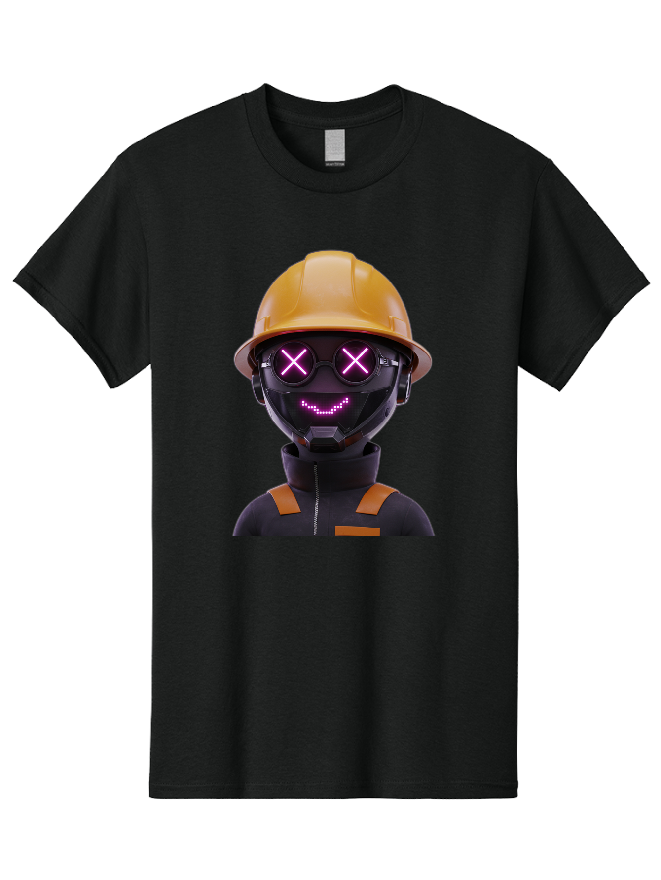 Robot-With-Construction-Hat Men'S Graphic Tee, 100% Cotton, Comfortable Casual Summer Wear, Machine Washable, Robot Character, Futuristic Design, Yellow Hard Hat, Neon Purple Eyes With X, Smiling Face, Black And Orange Jumpsuit, Bad498 15