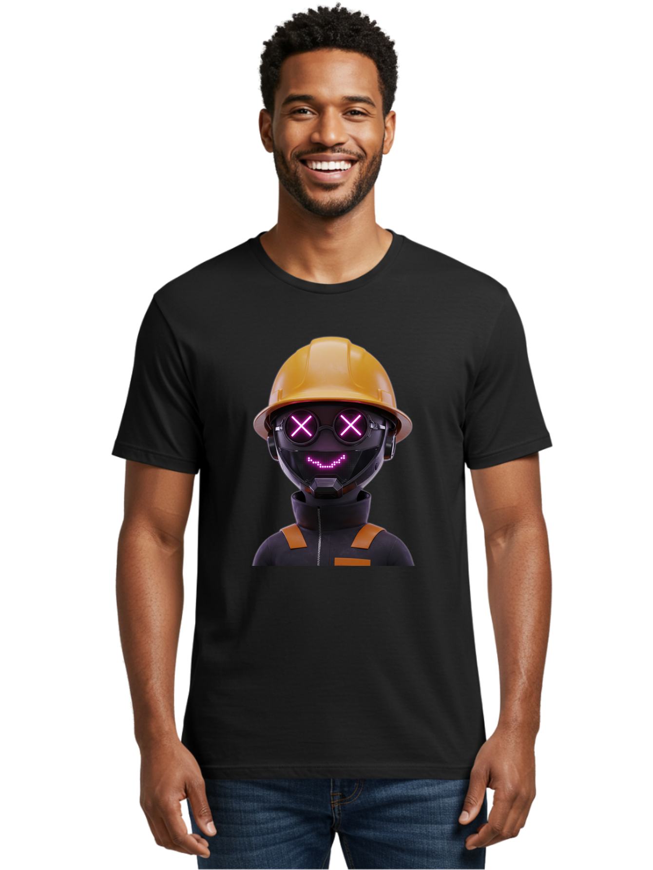 Robot-With-Construction-Hat Men'S Graphic Tee, 100% Cotton, Comfortable Casual Summer Wear, Machine Washable, Robot Character, Futuristic Design, Yellow Hard Hat, Neon Purple Eyes With X, Smiling Face, Black And Orange Jumpsuit, Bad498 30