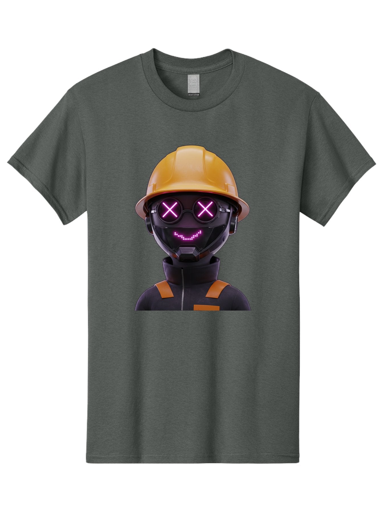 Robot-With-Construction-Hat Men'S Graphic Tee, 100% Cotton, Comfortable Casual Summer Wear, Machine Washable, Robot Character, Futuristic Design, Yellow Hard Hat, Neon Purple Eyes With X, Smiling Face, Black And Orange Jumpsuit, Bad498 9