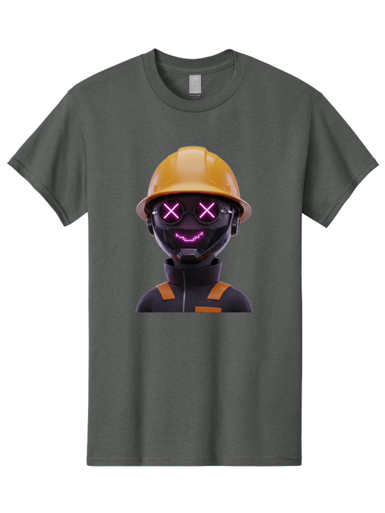 Robot-With-Construction-Hat Men'S Graphic Tee, 100% Cotton, Comfortable Casual Summer Wear, Machine Washable, Robot Character, Futuristic Design, Yellow Hard Hat, Neon Purple Eyes With X, Smiling Face, Black And Orange Jumpsuit, Bad498 5