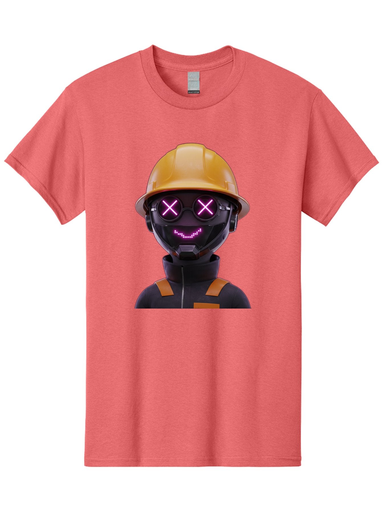 Robot-With-Construction-Hat Men'S Graphic Tee, 100% Cotton, Comfortable Casual Summer Wear, Machine Washable, Robot Character, Futuristic Design, Yellow Hard Hat, Neon Purple Eyes With X, Smiling Face, Black And Orange Jumpsuit, Bad498