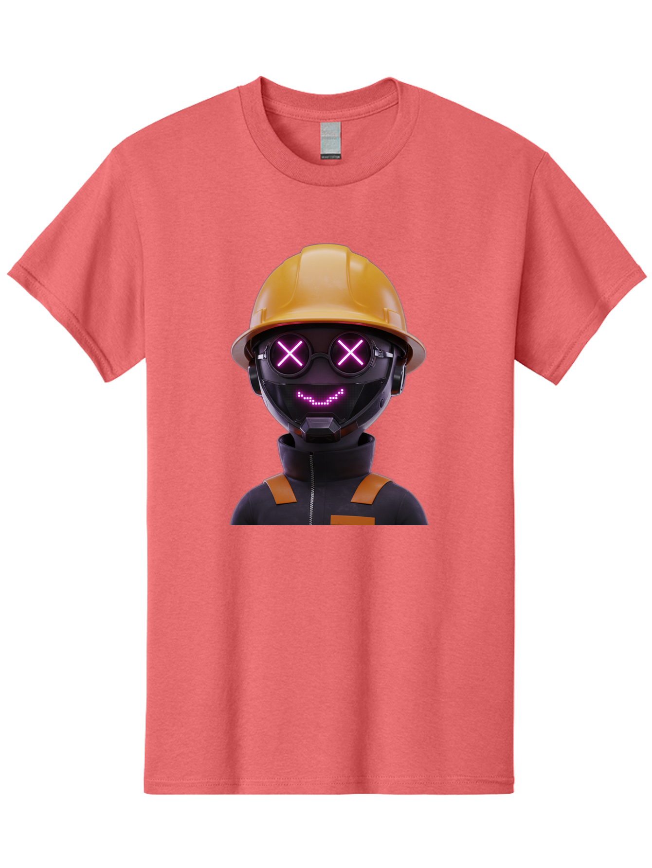 Robot-With-Construction-Hat Men'S Graphic Tee, 100% Cotton, Comfortable Casual Summer Wear, Machine Washable, Robot Character, Futuristic Design, Yellow Hard Hat, Neon Purple Eyes With X, Smiling Face, Black And Orange Jumpsuit, Bad498 10
