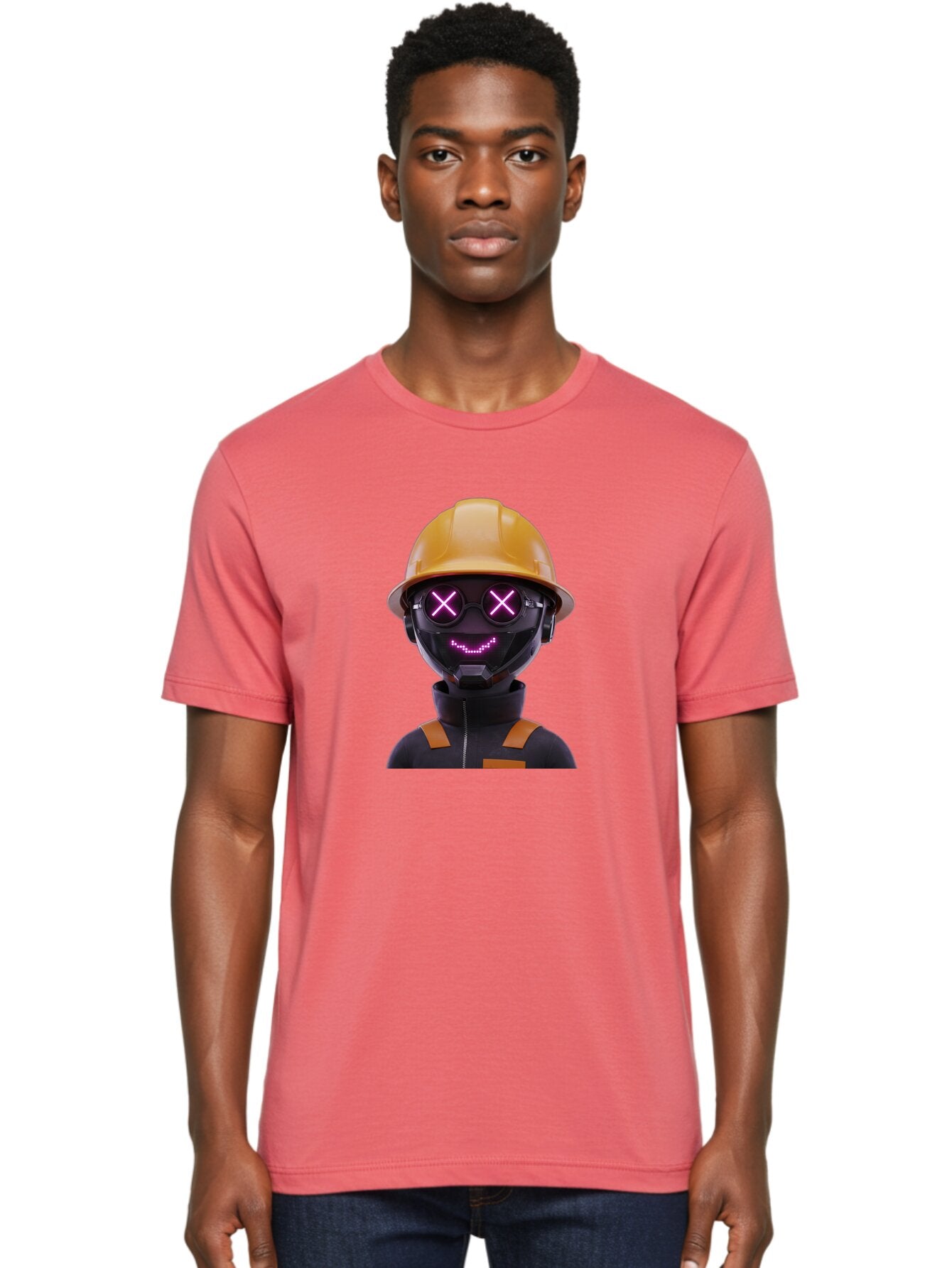 Robot-With-Construction-Hat Men'S Graphic Tee, 100% Cotton, Comfortable Casual Summer Wear, Machine Washable, Robot Character, Futuristic Design, Yellow Hard Hat, Neon Purple Eyes With X, Smiling Face, Black And Orange Jumpsuit, Bad498 21