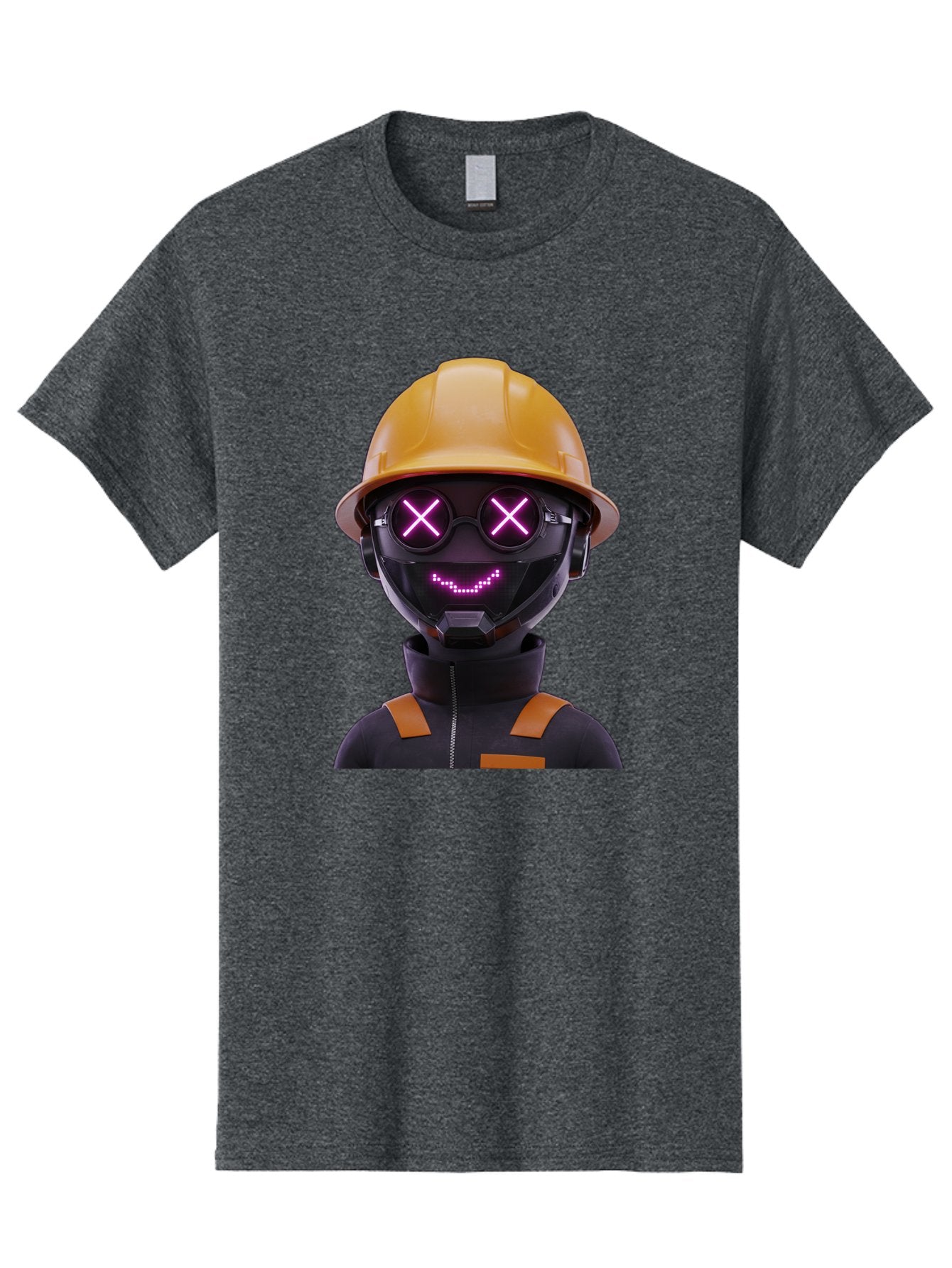 Robot-With-Construction-Hat Men'S Graphic Tee, 100% Cotton, Comfortable Casual Summer Wear, Machine Washable, Robot Character, Futuristic Design, Yellow Hard Hat, Neon Purple Eyes With X, Smiling Face, Black And Orange Jumpsuit, Bad498 5