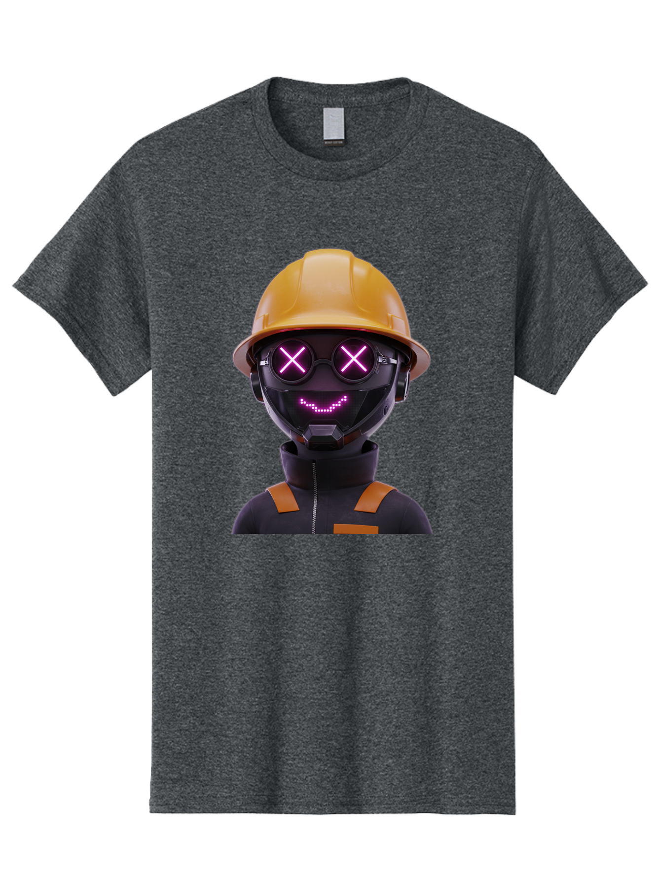 Robot-With-Construction-Hat Men'S Graphic Tee, 100% Cotton, Comfortable Casual Summer Wear, Machine Washable, Robot Character, Futuristic Design, Yellow Hard Hat, Neon Purple Eyes With X, Smiling Face, Black And Orange Jumpsuit, Bad498 8