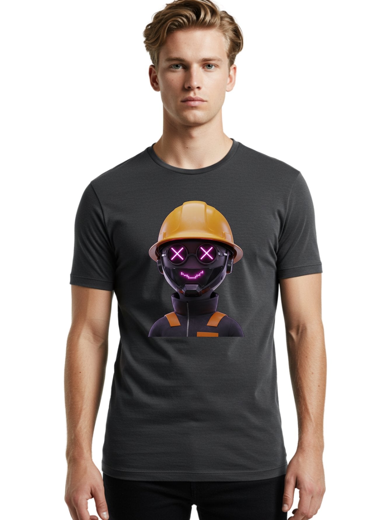 Robot-With-Construction-Hat Men'S Graphic Tee, 100% Cotton, Comfortable Casual Summer Wear, Machine Washable, Robot Character, Futuristic Design, Yellow Hard Hat, Neon Purple Eyes With X, Smiling Face, Black And Orange Jumpsuit, Bad498 23