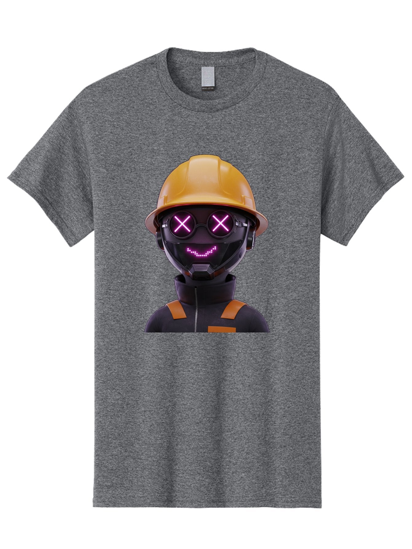 Robot-With-Construction-Hat Men'S Graphic Tee, 100% Cotton, Comfortable Casual Summer Wear, Machine Washable, Robot Character, Futuristic Design, Yellow Hard Hat, Neon Purple Eyes With X, Smiling Face, Black And Orange Jumpsuit, Bad498 11