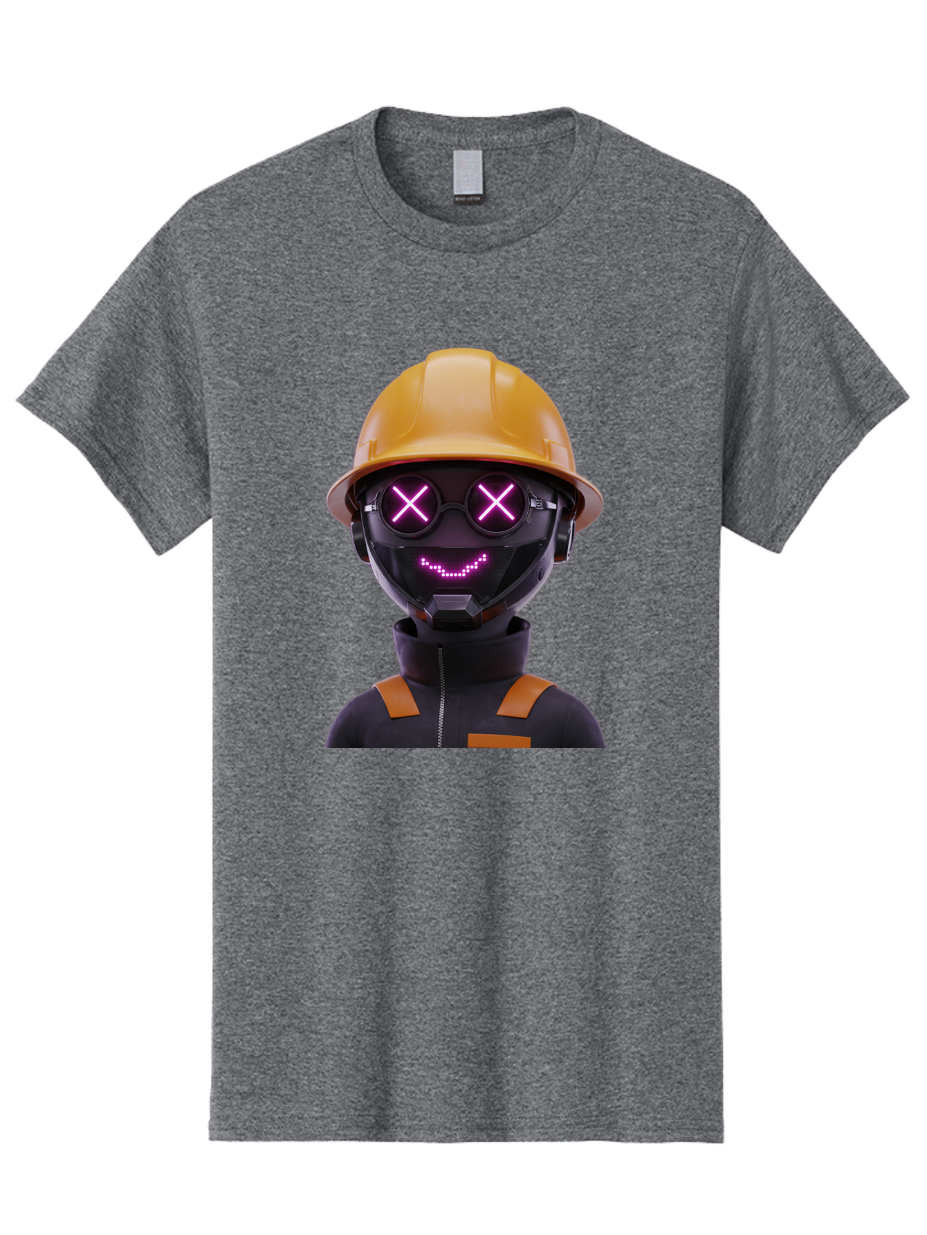 Robot-With-Construction-Hat Men'S Graphic Tee, 100% Cotton, Comfortable Casual Summer Wear, Machine Washable, Robot Character, Futuristic Design, Yellow Hard Hat, Neon Purple Eyes With X, Smiling Face, Black And Orange Jumpsuit, Bad498 4